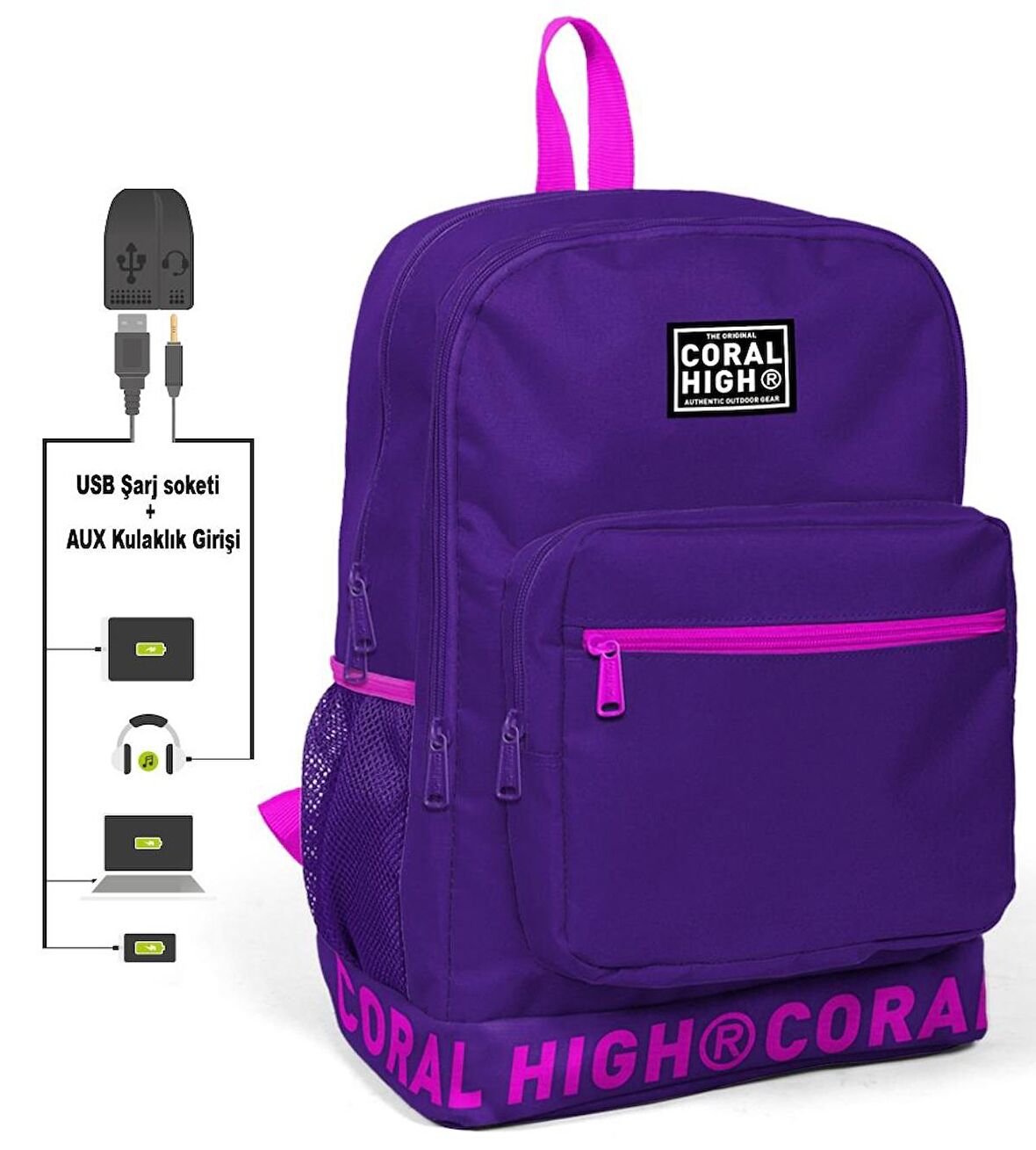 Coral High Logo Nakışlı Mor-Pembe Ortaokul, Lise ve Günlük Sırt Çantası(USB VE AUX SOKETLİ)