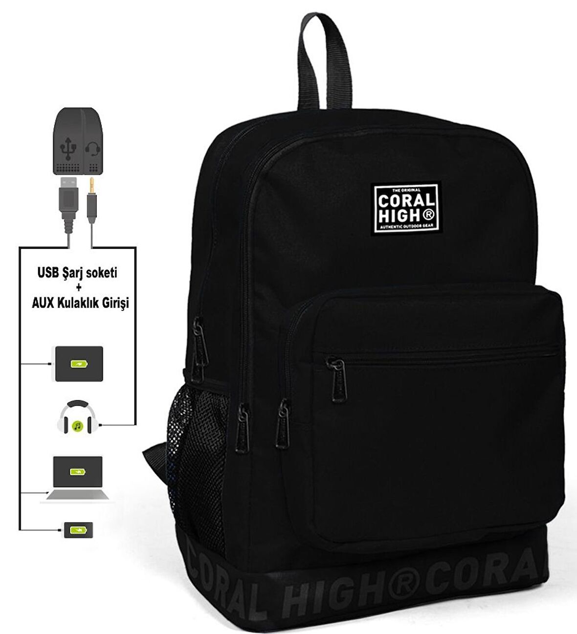 Coral High Siyah Logo Nakışlı Ortaokul, Lise ve Günlük Sırt Çantası(USB VE AUX SOKETLİ)
