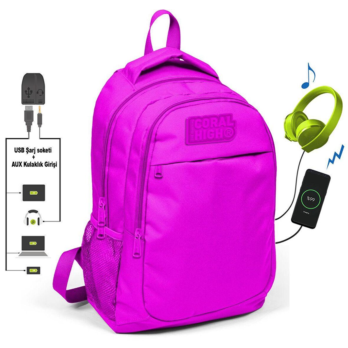 Coral High Pembe Kız Çocuk İlk ve Ortaokul Sırt Çantası - USB ve AUX Çıkışlı