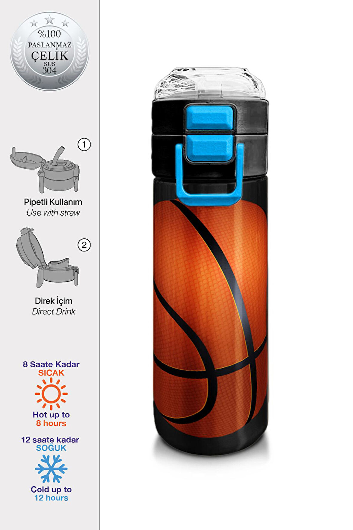 Coral High Kids Siyah Basketbol Desenli Pipetli ve Direkt İçim Çelik Termos 500 ml 31795