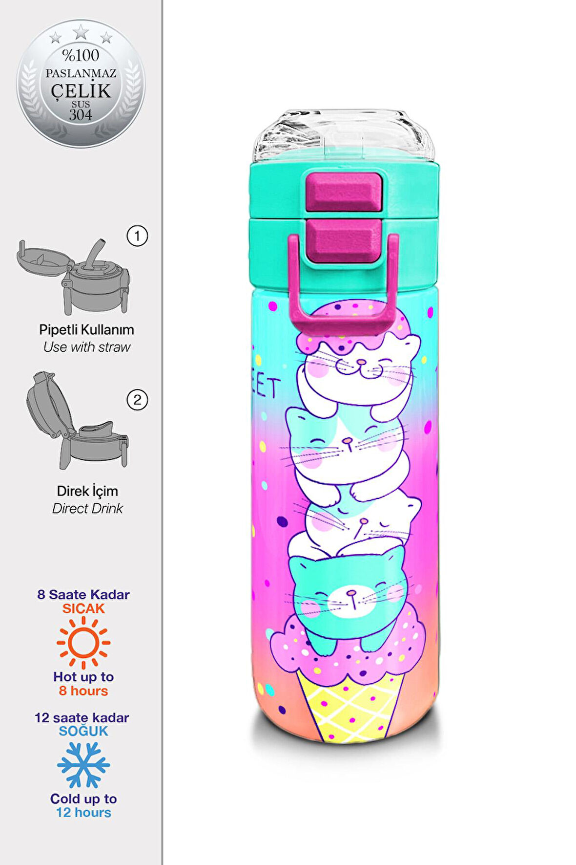 Coral High KidsRenkli Dondurmalı Kedi Desenli Pipetli ve Direkt İçim Çelik Termos 500 ml 31812