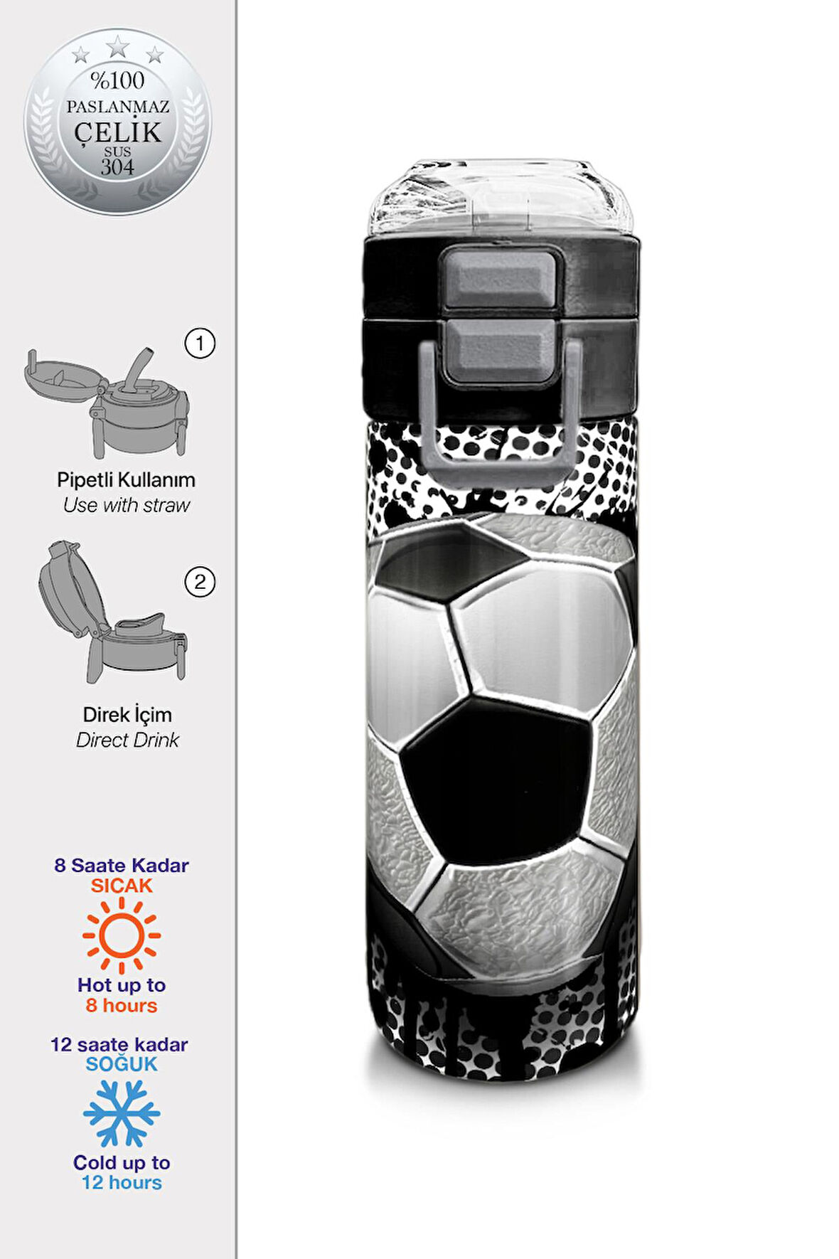 Coral High Kids Futbol Desenli Pipetli ve Direkt İçim Çelik Termos 500 ml 31816