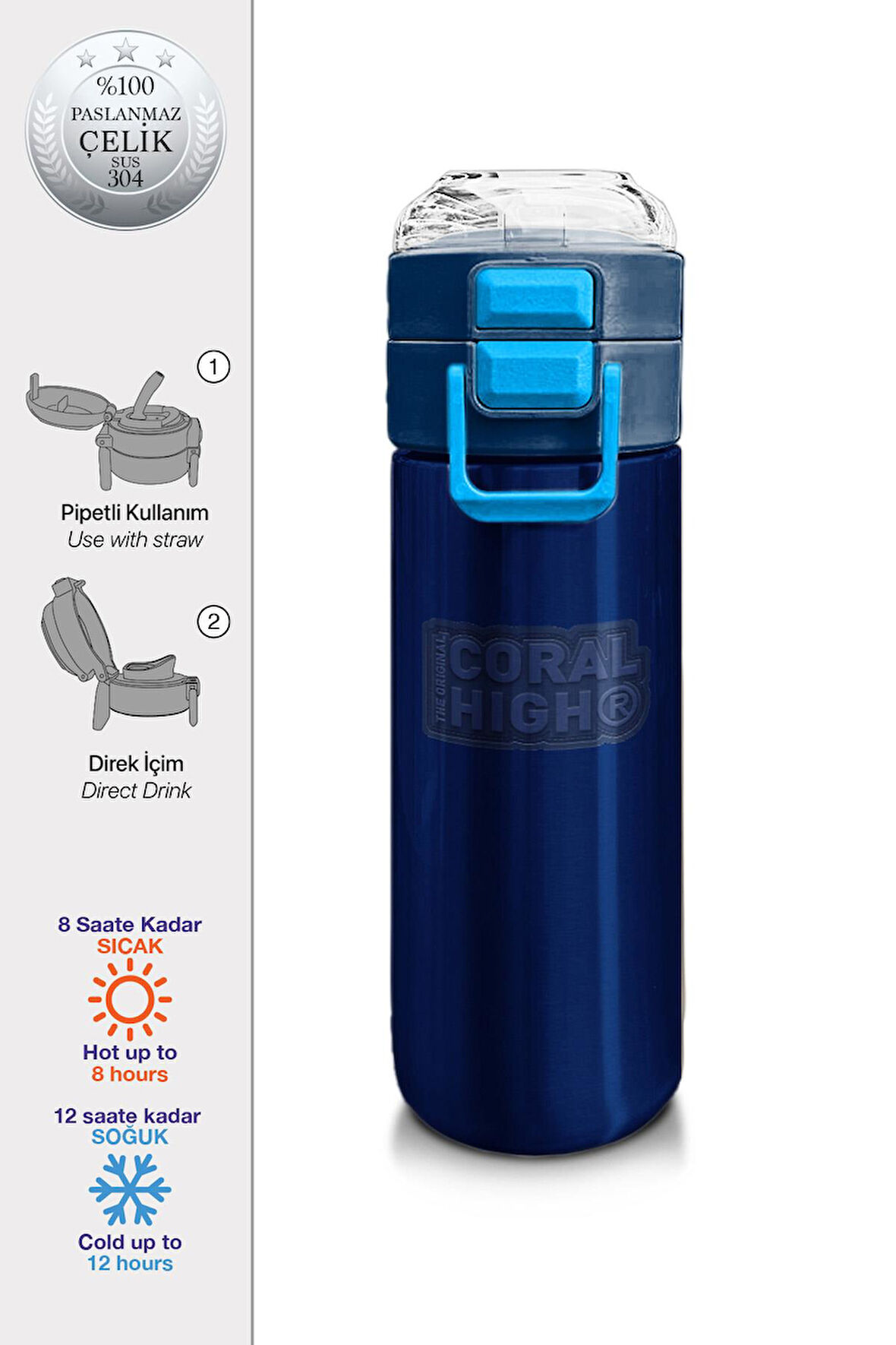 Coral High Kids Lacivert Mavi Pipetli ve Direkt İçim Çelik Termos 500 ml 31828