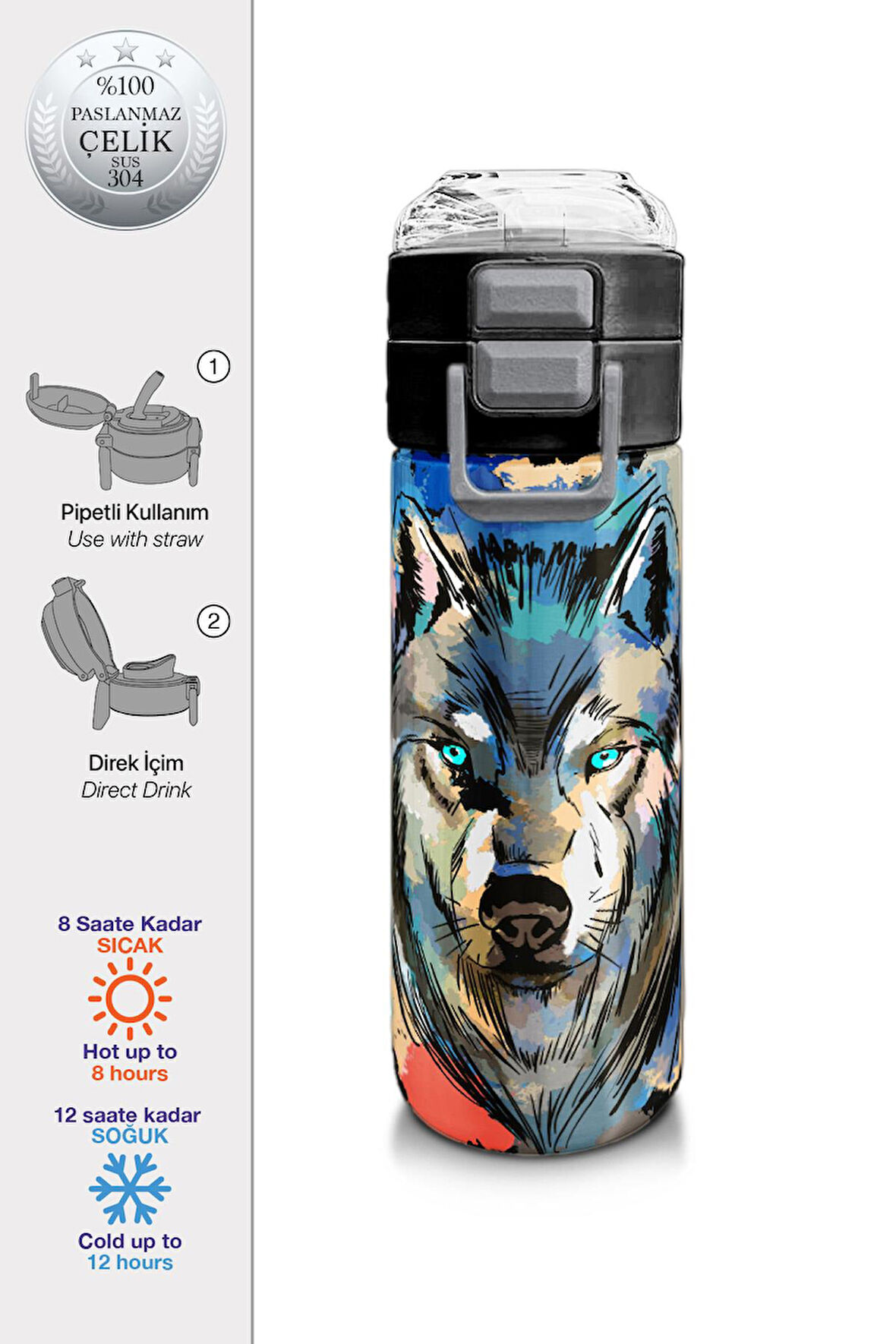 Coral High Kids Gri Siyah Kurt Desenli Pipetli ve Direkt İçim Çelik Termos 500 ml 31832