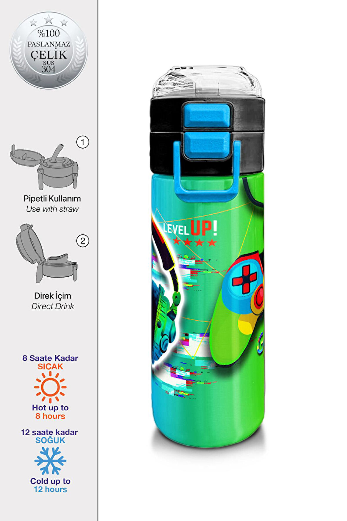 Coral High Kids Kulaklık Game Desenli Pipetli ve Direkt İçim Çelik Termos 500 ml 31841