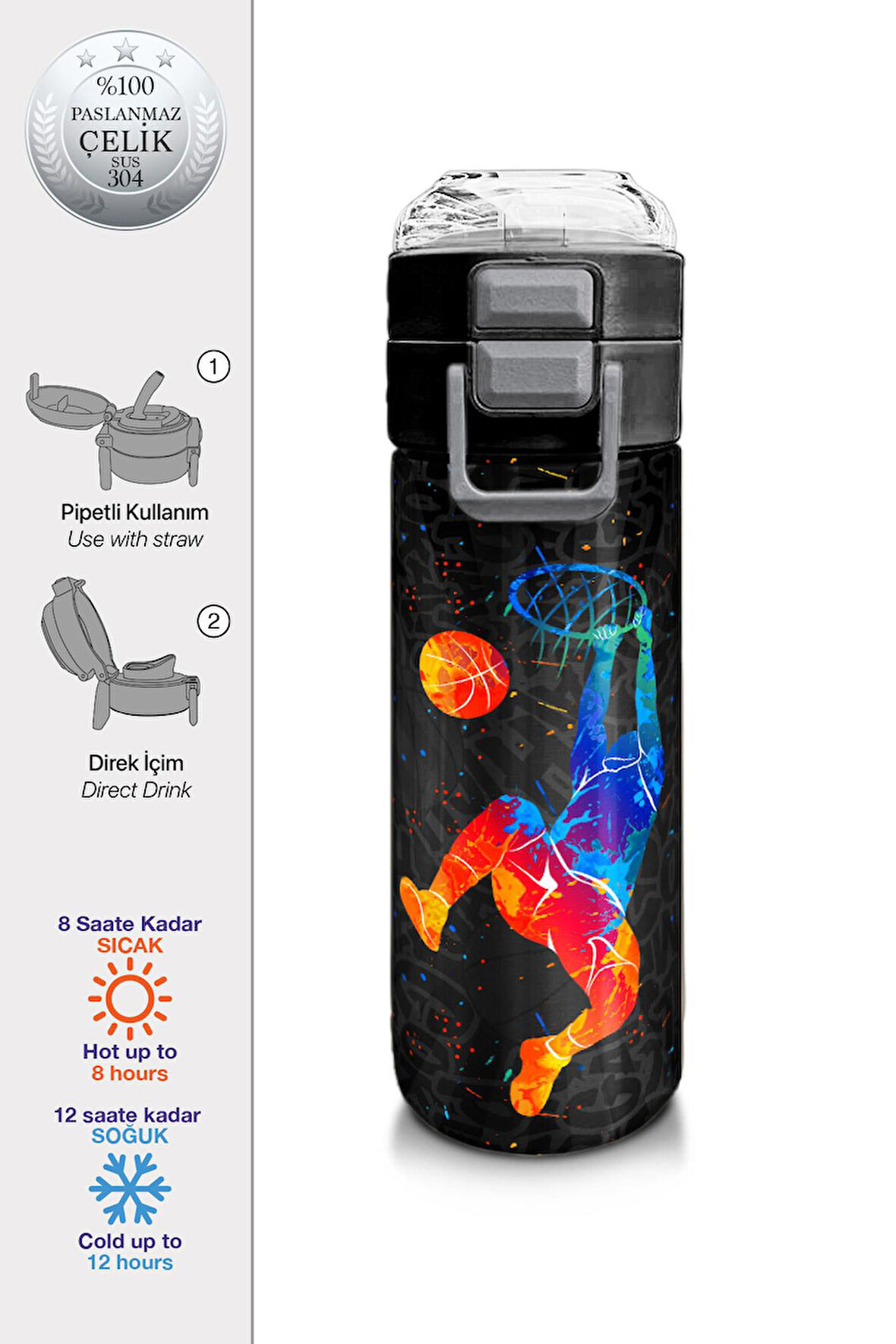 Coral High Kids Gri Basketbol Desenli Pipetli ve Direkt İçim Çelik Termos 500 ml 31856