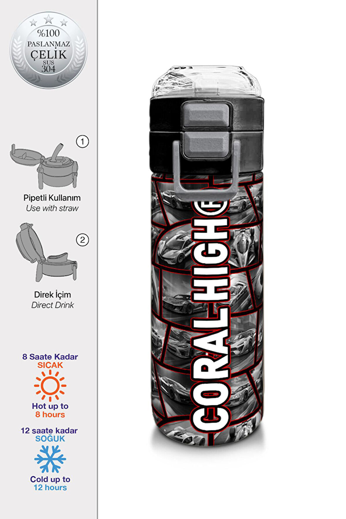Coral High Kids Siyah Kırmızı Araba Desenli Pipetli ve Direkt İçim Çelik Termos 500 ml 31867