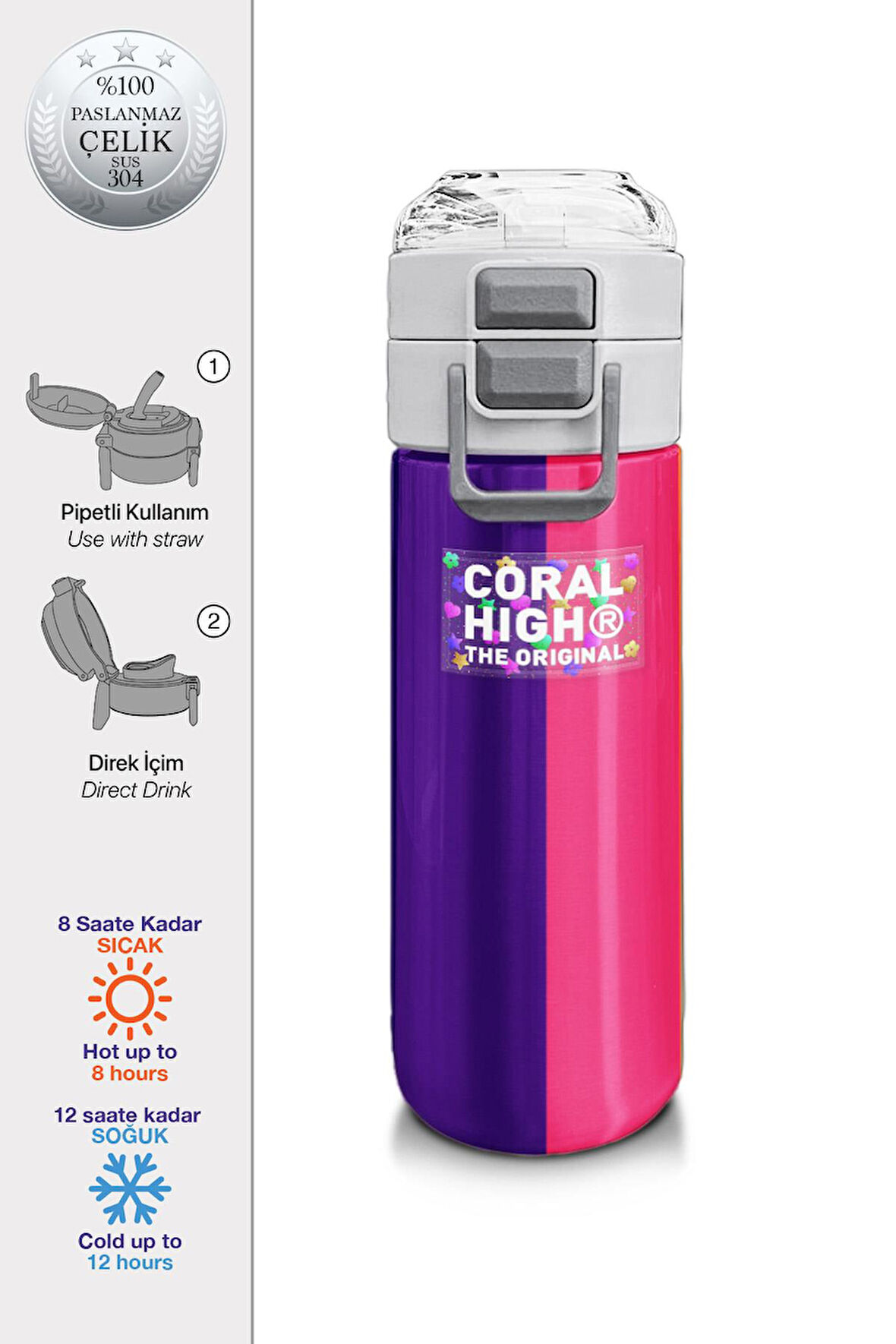 Coral High Kids Renkli Çizgili Desenli Pipetli ve Direkt İçim Çelik Termos 500 ml 31874