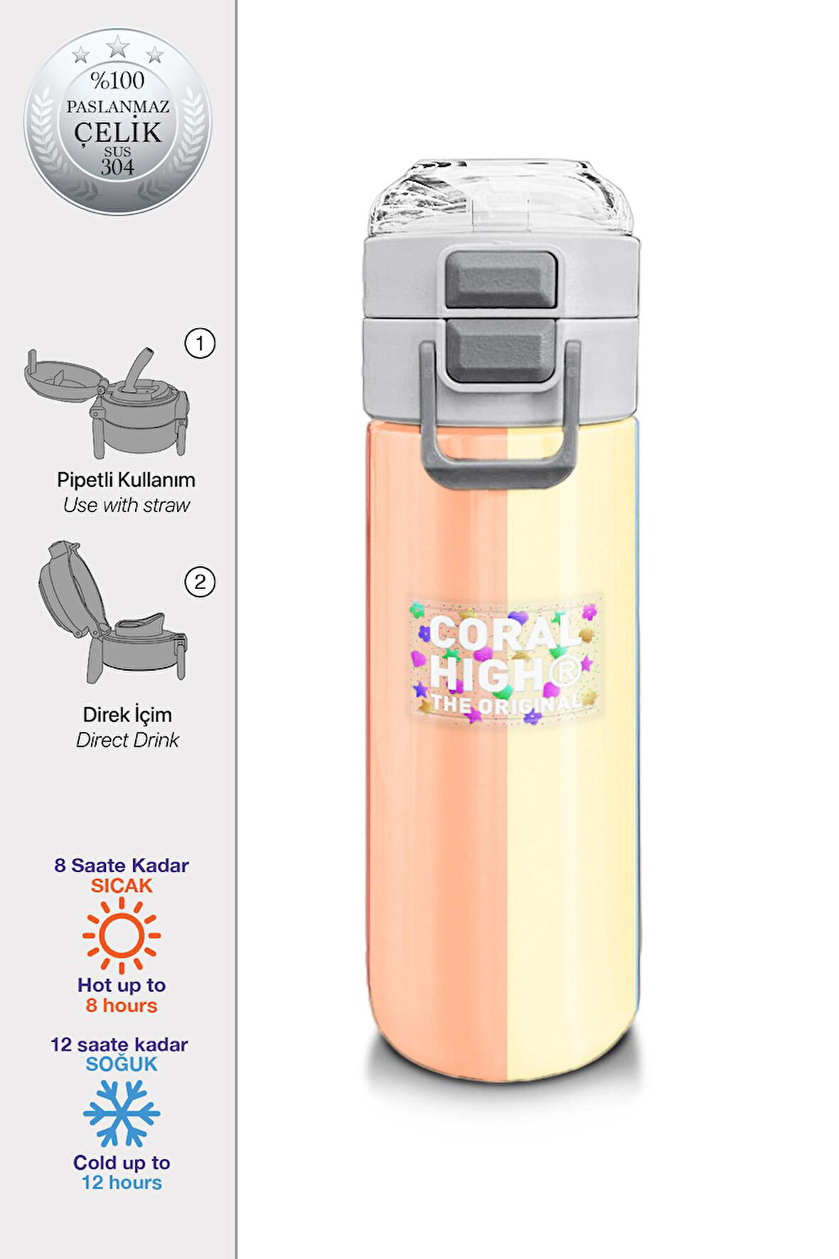 Coral High Kids Renkli Çizgili Desenli Pipetli ve Direkt İçim Çelik Termos 500 ml 31880