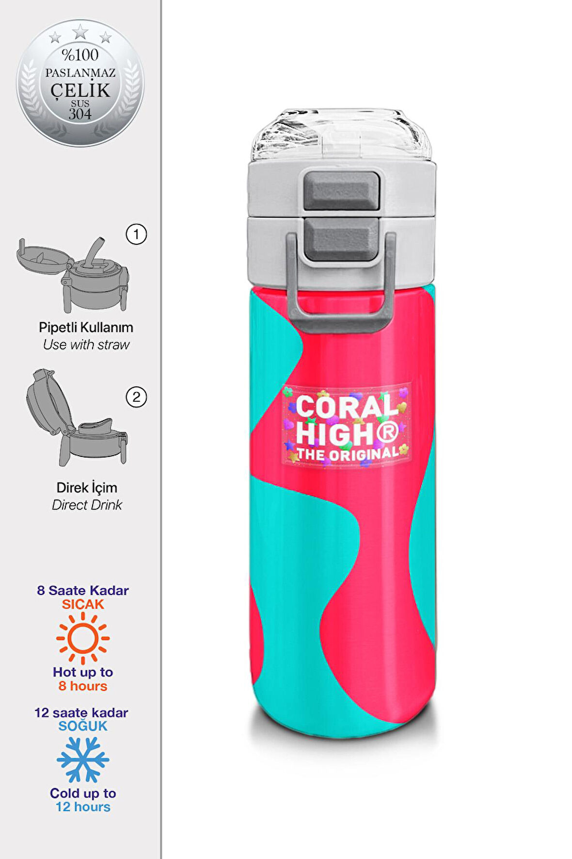 Coral High Kids Neon Mercan Turuncu Desenli Pipetli ve Direkt İçim Çelik Termos 500 ml 31885