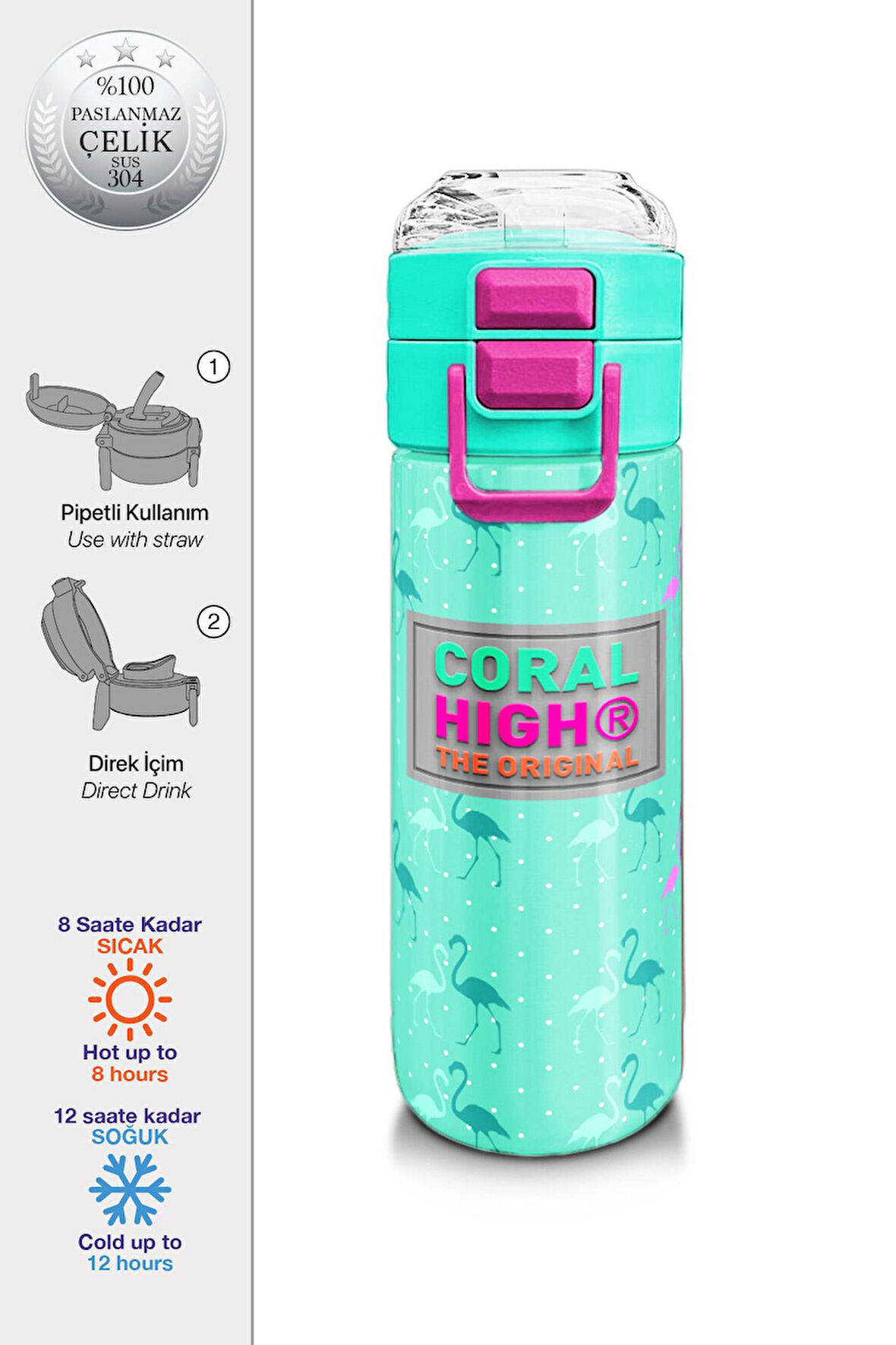 Coral High Kids Su Yeşili Neon Pembe Flamingo Desenli Pipetli ve Direkt İçim Çelik Termos 500 ml 31904