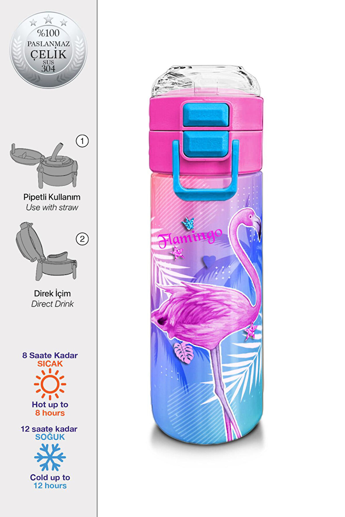Coral High Kids Lavanta Pembe Flamingo Desenli Pipetli ve Direkt İçim Çelik Termos 500 ml 31921
