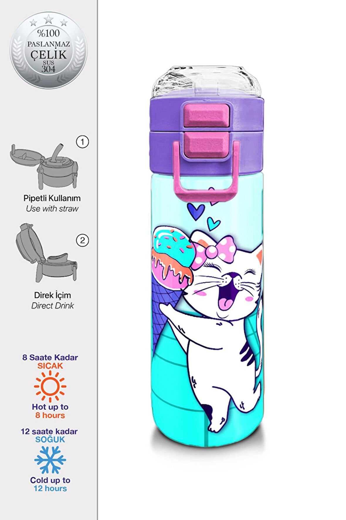Coral High Kids Turkuaz Pembe Dondurmalı Desenli Pipetli ve Direkt İçim Çelik Termos 500 ml 31952