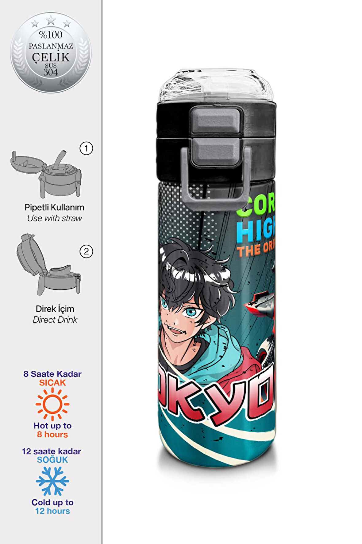 Coral High Kids Gri Nefti Anime Motorsiklet Desenli Pipetli ve Direkt İçim Çelik Termos 500 ml 31965