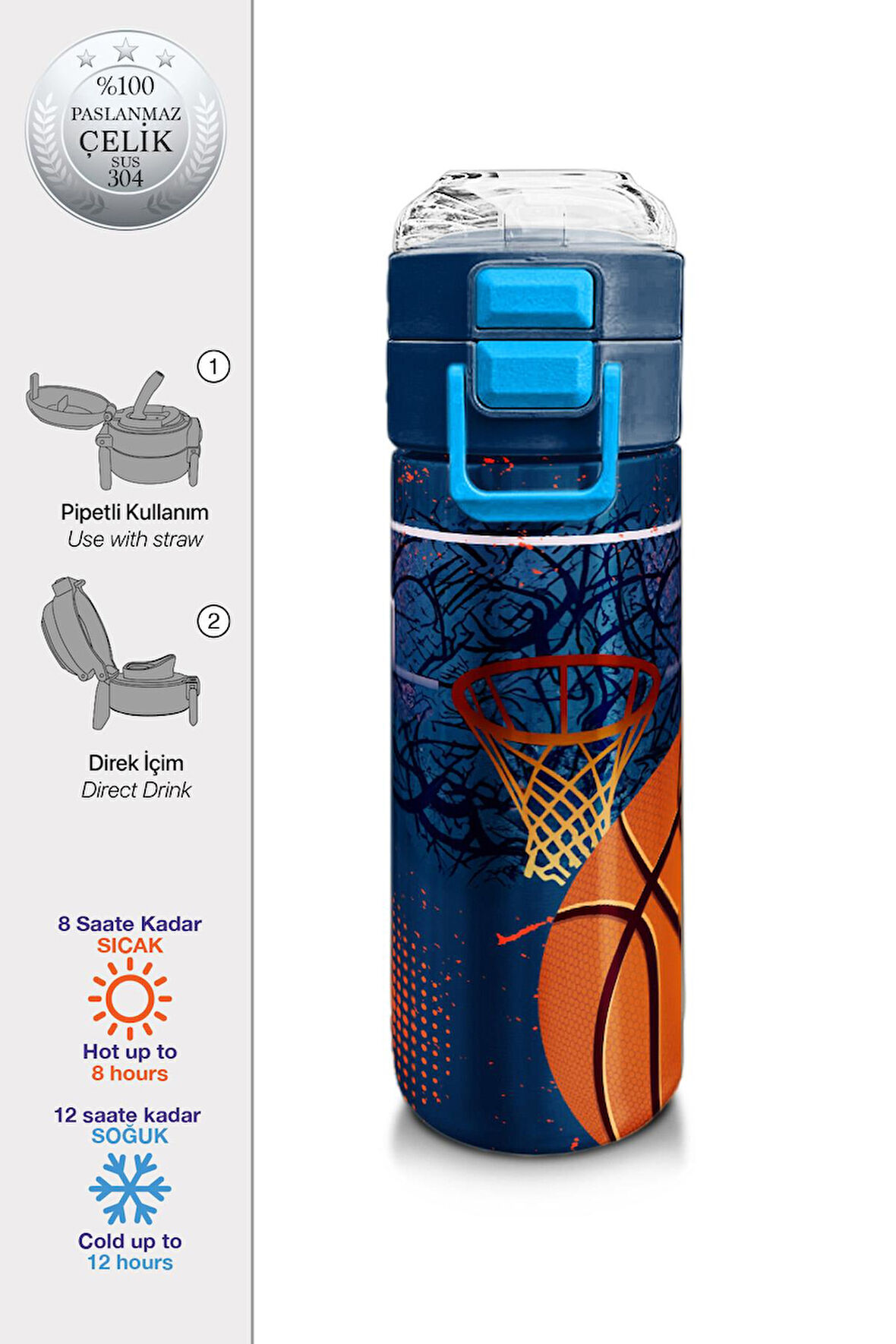 Coral High Kids Turuncu Lacivert Basketbol Desenli Pipetli ve Direkt İçim Çelik Termos 500 ml 31967