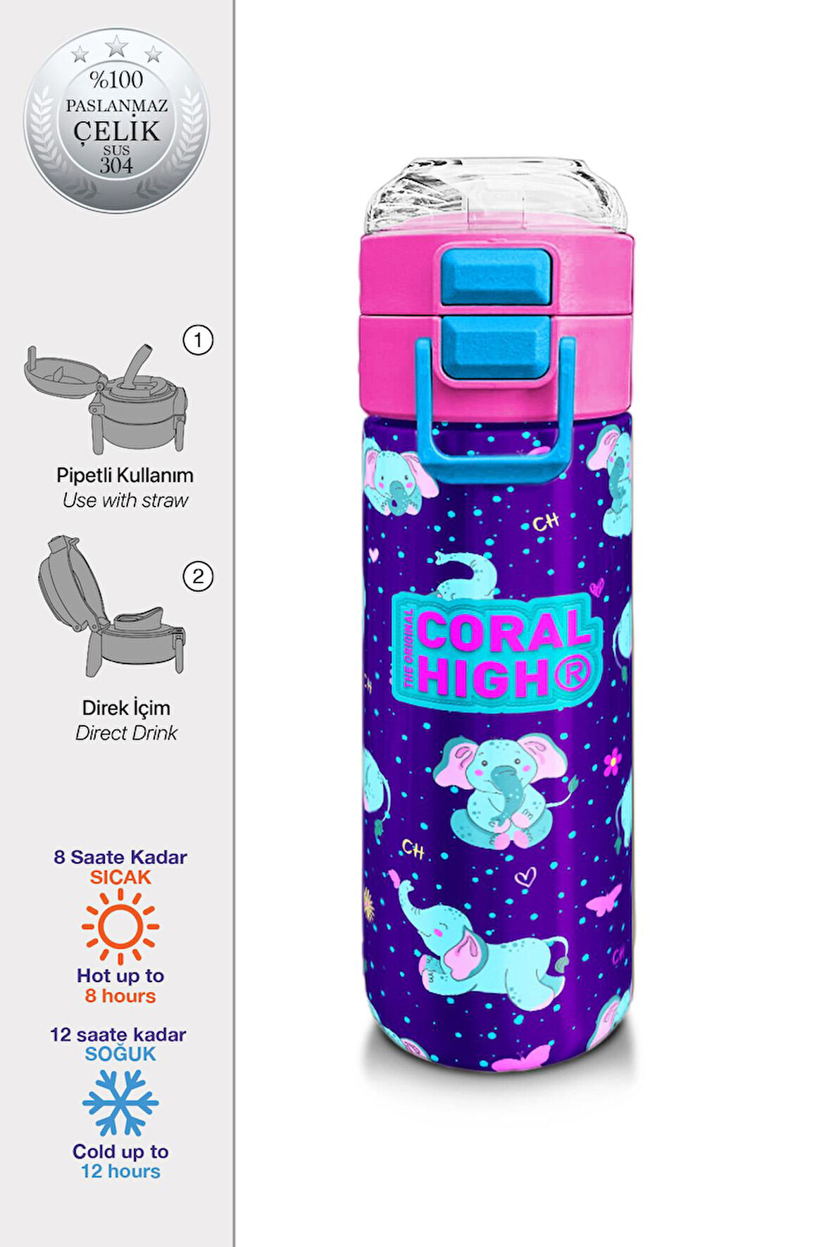 Coral High Kids Mor Pembe Fil Desenli Pipetli ve Direkt İçim Çelik Termos 500 ml 31970