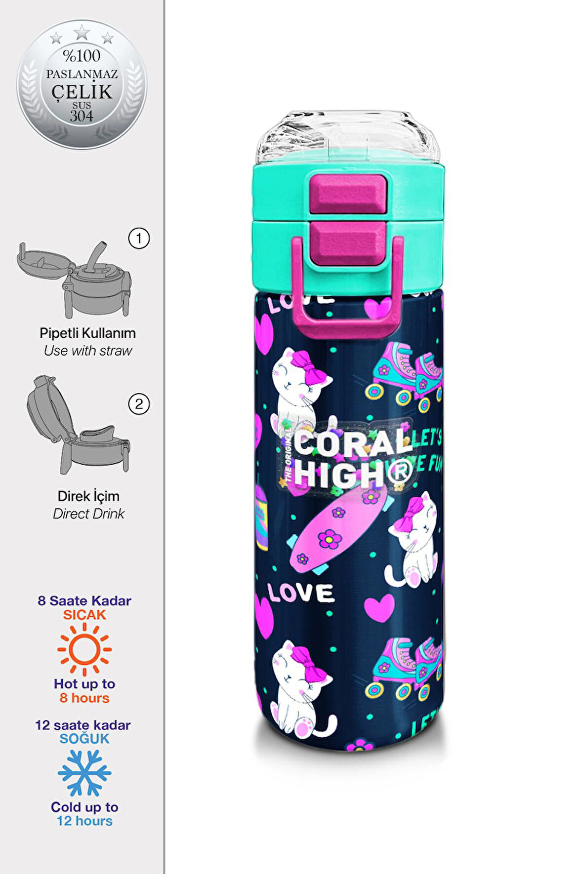 Coral High Kids Lacivert Pembe Kedili Paten Desenli Pipetli ve Direkt İçim Çelik Termos 500 ml 31983