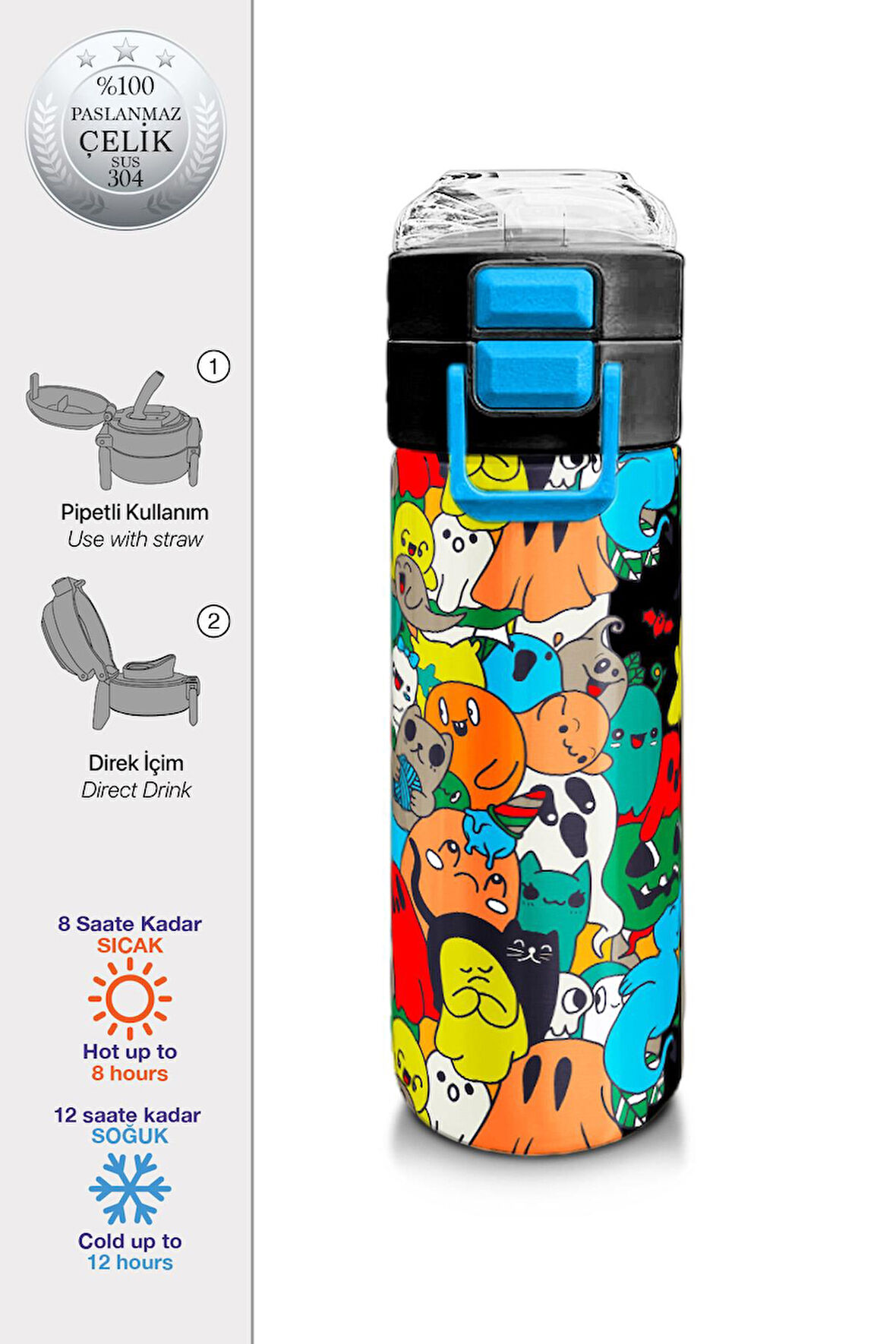 Coral High Kids Siyah Karikatür Çizgili Desenli Pipetli ve Direkt İçim Çelik Termos 500 ml 31990