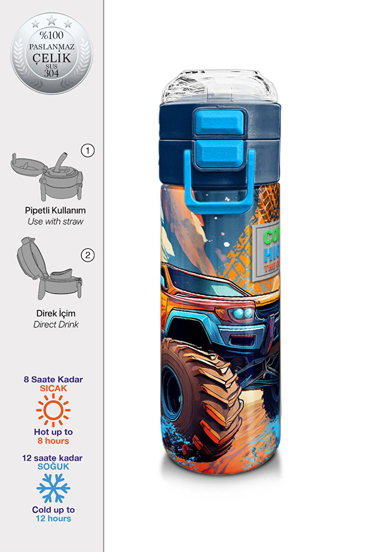 Coral High Kids Turuncu High Wheels Truck Desenli Pipetli ve Direkt İçim Çelik Termos 500 ml 31994