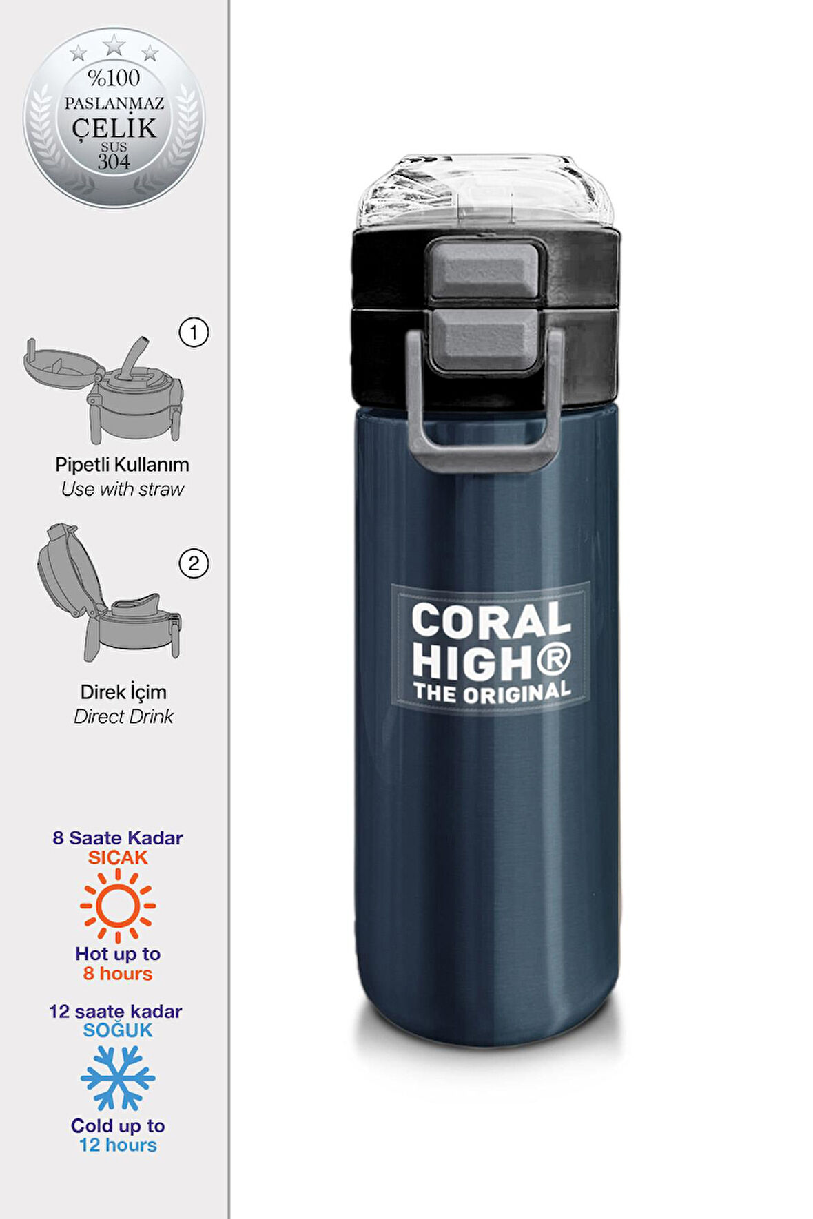 Coral High Kids Lacivert Turuncu Çizgili Pipetli ve Direkt İçim Çelik Termos 500 ml 31998