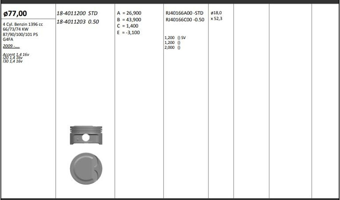 Hyundaı Motor Piston+segmanı ( Riken )  77,00+0,50mm Cap Accent 1,4 16v-İ20 1,4 16v-İ30 1,4 16v G4fa 4 Sil. - Kingpiston 18-4011203