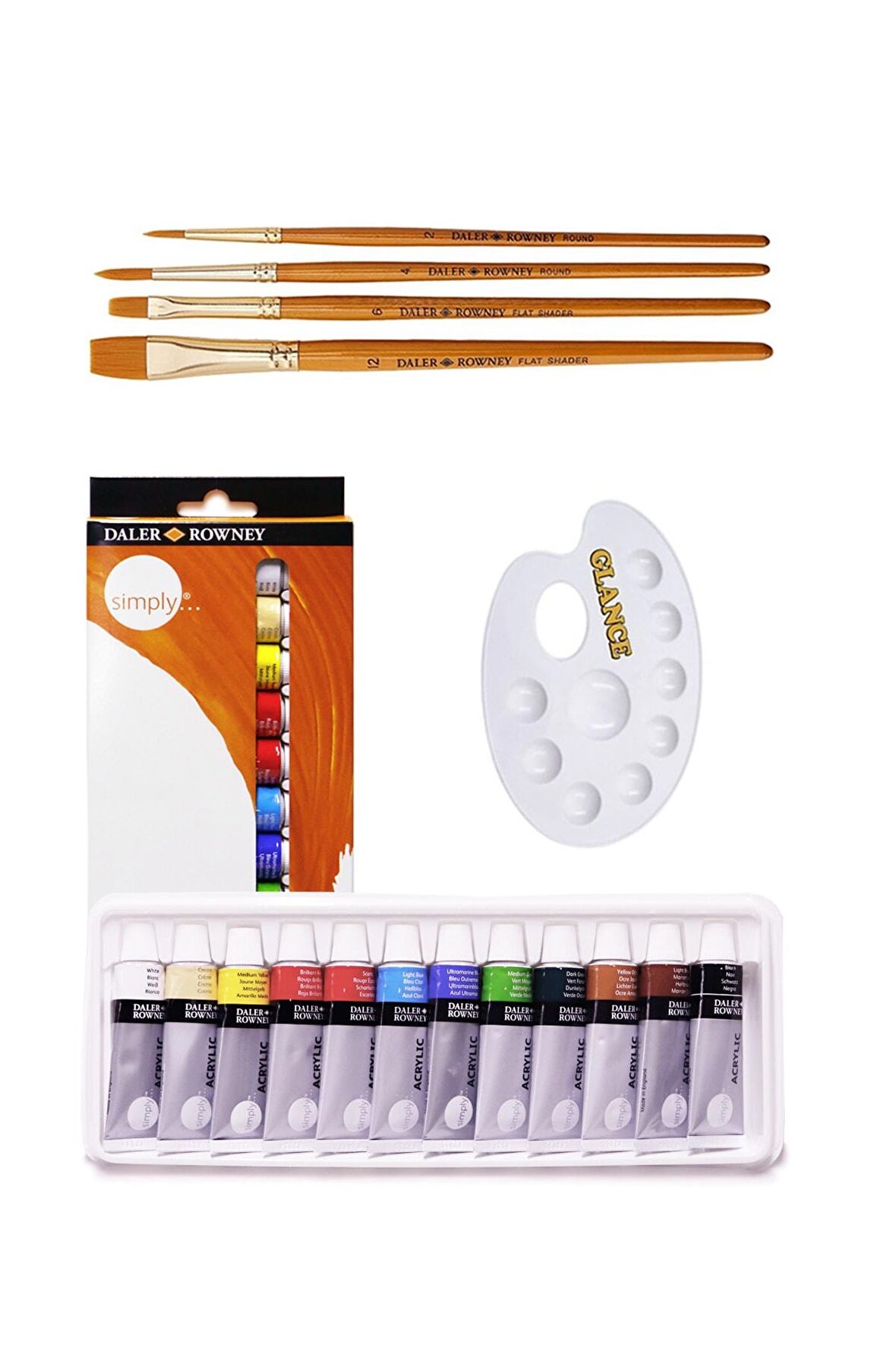 Daler Rowney Simply Akrilik Boya 12' ml Godeli Palet Daler Rowney 4'lü Fırça Akrilik Set