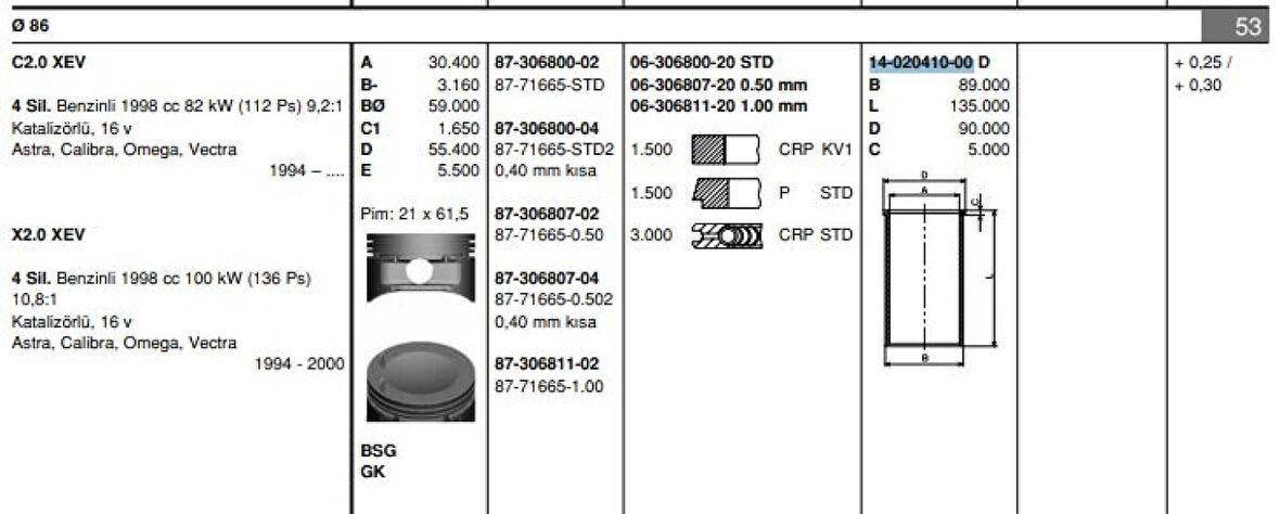 Opel Piston Gomlek Astra Vectra 2,0 8v / 16v (86,00mm) / (std) - Goetze 40204100g