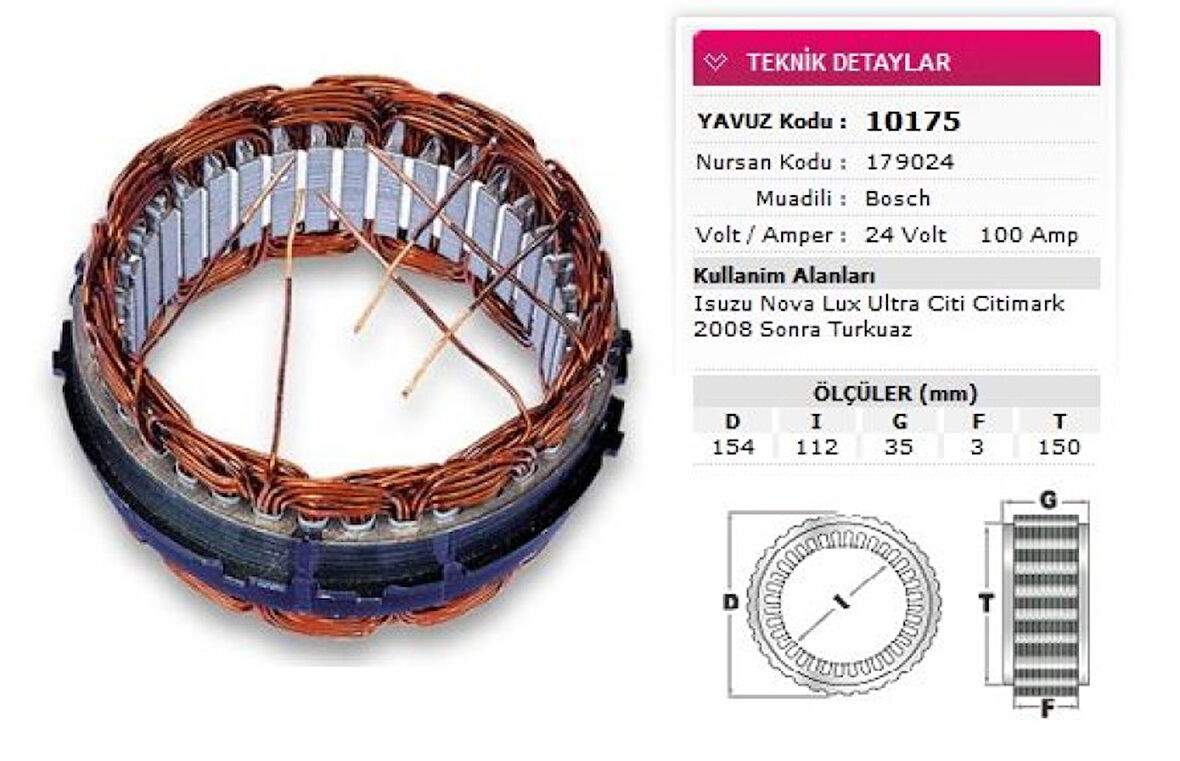 İsuzu Ticarı Alternator Stator Bosch Tip 24v 100a İsuzu Novolux Ultra Citi Citimark 2008 Sonrası Turkuaz Nursan 1 - Yavuz 10 175