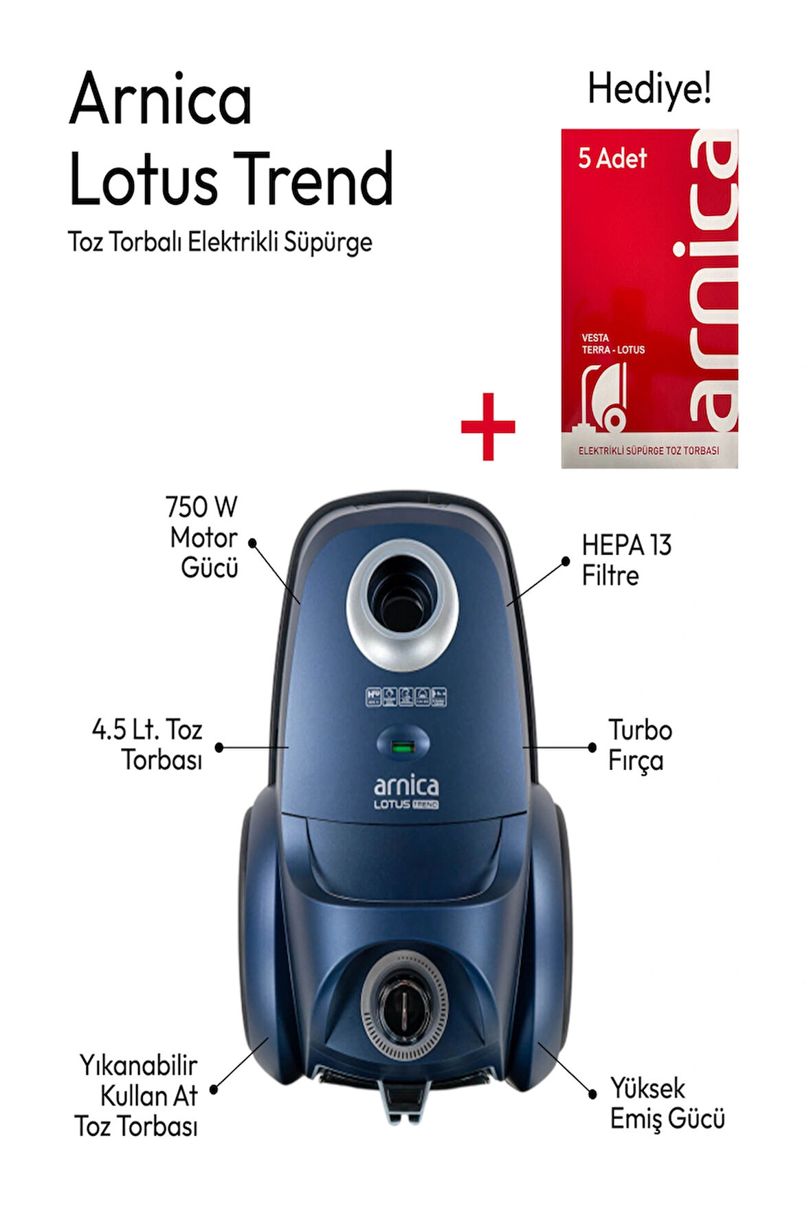 ARNİCA LOTUS TREND ET14000 TOZ TORBALI ELEKTRİKLİ SÜPÜRGE LACİVERT + TOZ TORBASI HEDİYELİ