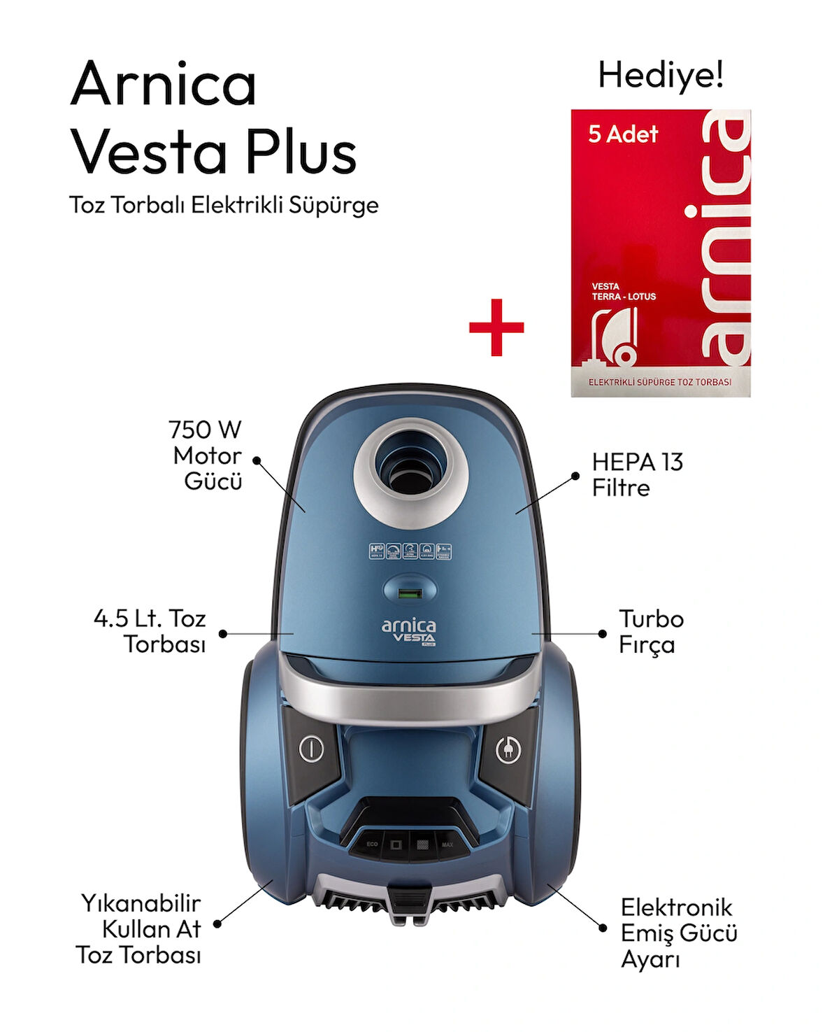  ARNİCA VESTA PLUS ET14130 YIKANABİLİR/KULLAN AT 4,5LT TOZ TORBALI SÜPÜRGE 750W TURBO FIRÇALI-HEPA 13 MAVİ + TOZ TORBASI HEDİYELİ