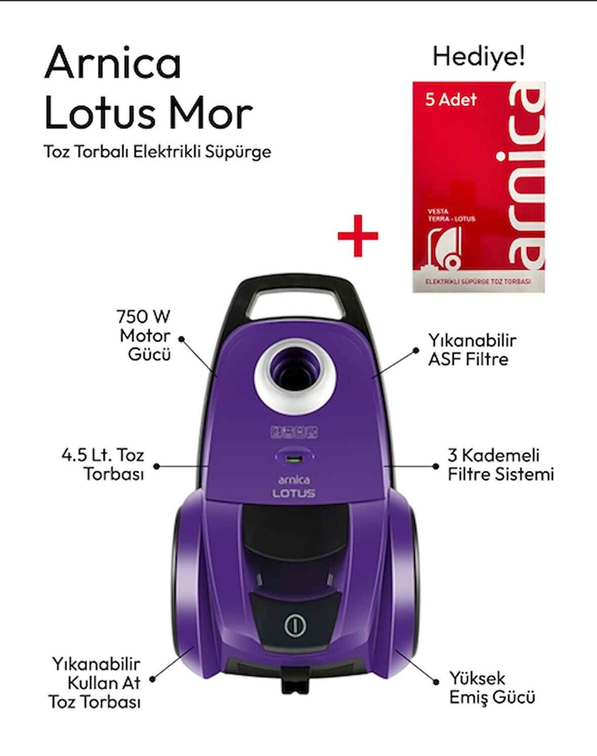 ARNİCA LOTUS ET14260 750W TOZ TORBALI ELEKTRIKLI SÜPÜRGE MOR + TOZ TORBASI HEDİYELİ