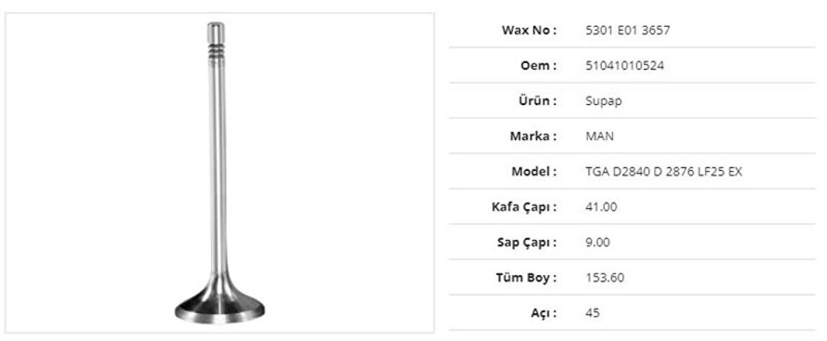 Man Truck Subap Egzoz Man Tga 18.480 D2876 41kx9sx153,6bx45a  (12adet) - Wax 5301 E01 3657