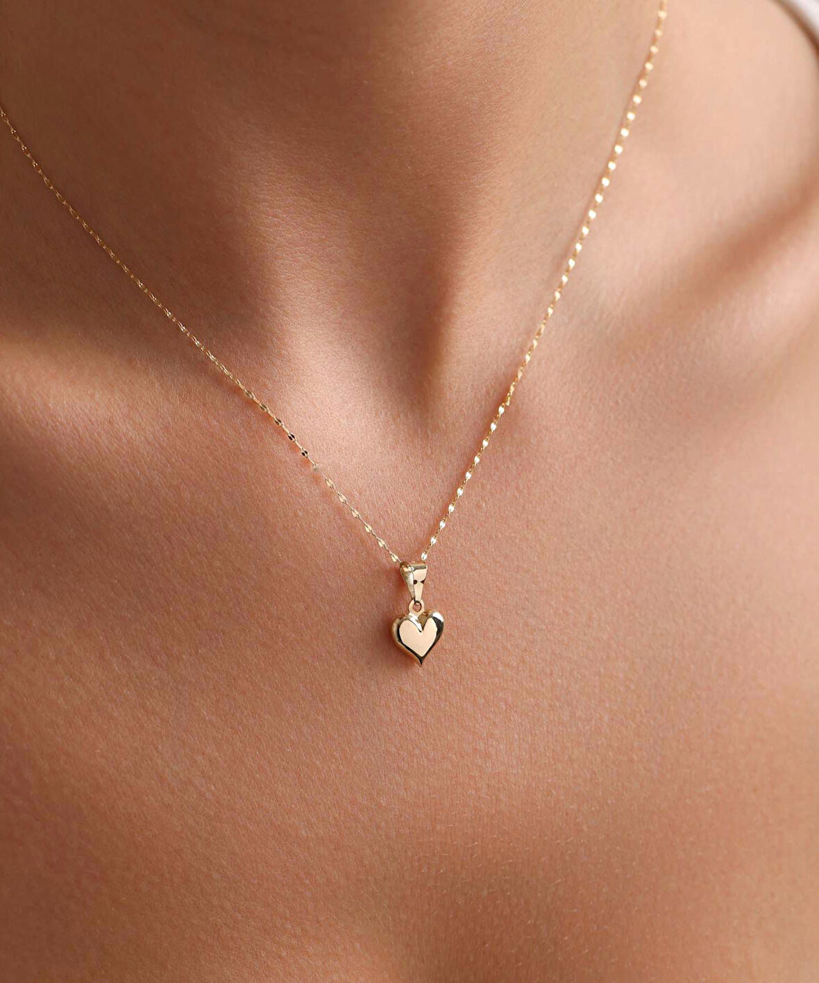 14 Ayar Altın Aynalı Zincir Kalp Kolye 1 mm