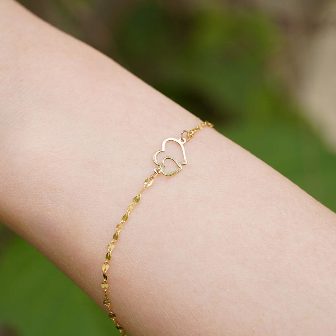 14 Ayar Altın İç İçe Kalp Aynalı Zincir Bileklik