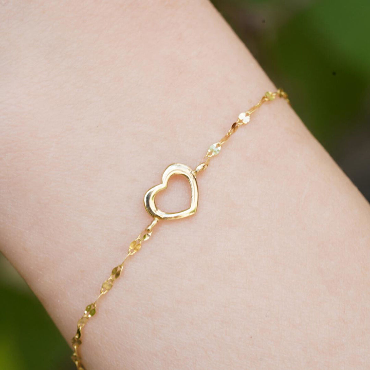 14 Ayar Altın Sade Kalp Aynalı Zincir Bileklik