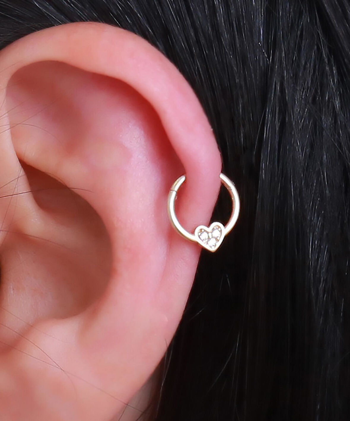 14 Ayar Altın Taşlı Kalp Halka Tragus Piercing