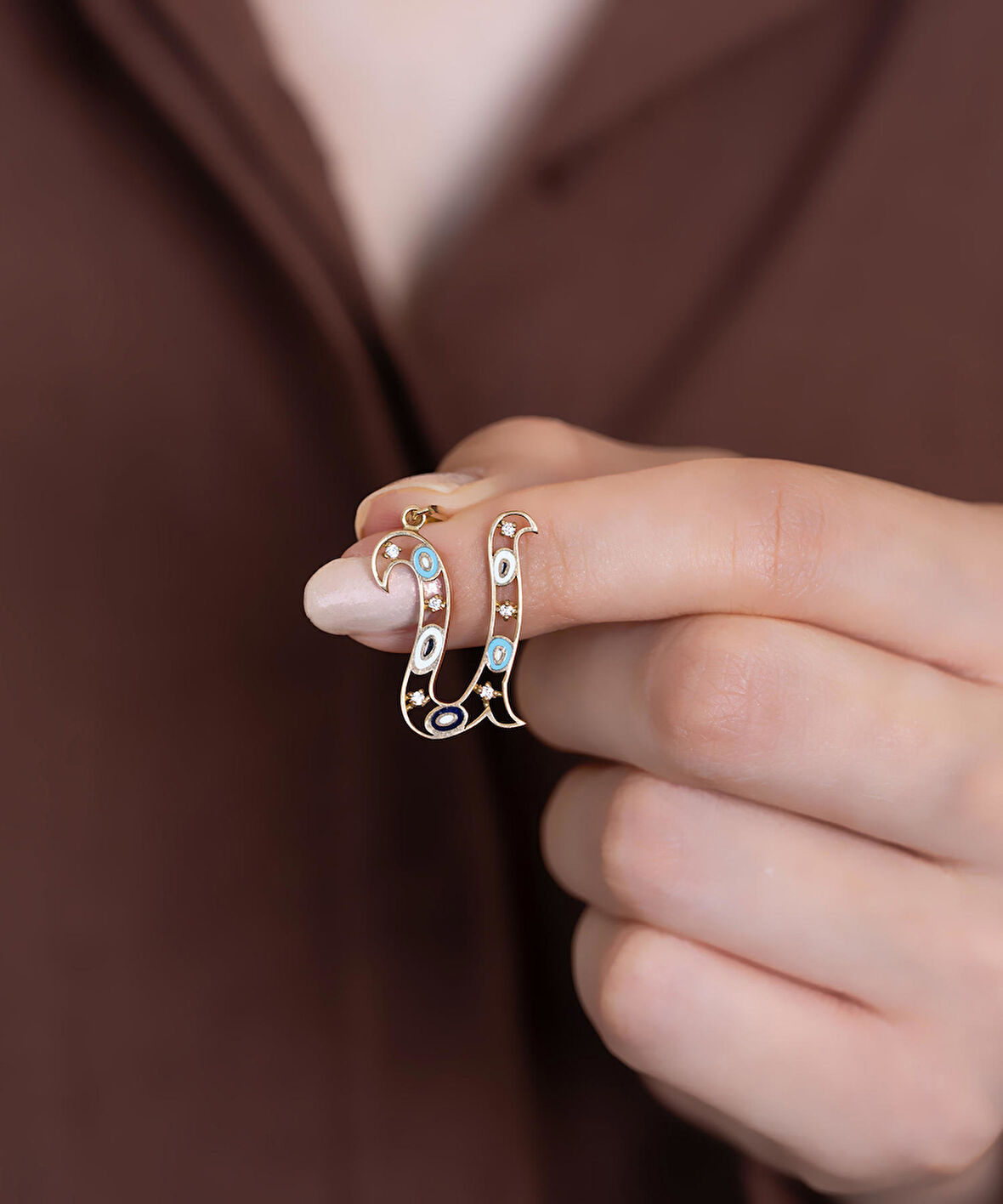 14 Ayar Altın Nazar Boncuklu Göz U Harf Kolye Ucu