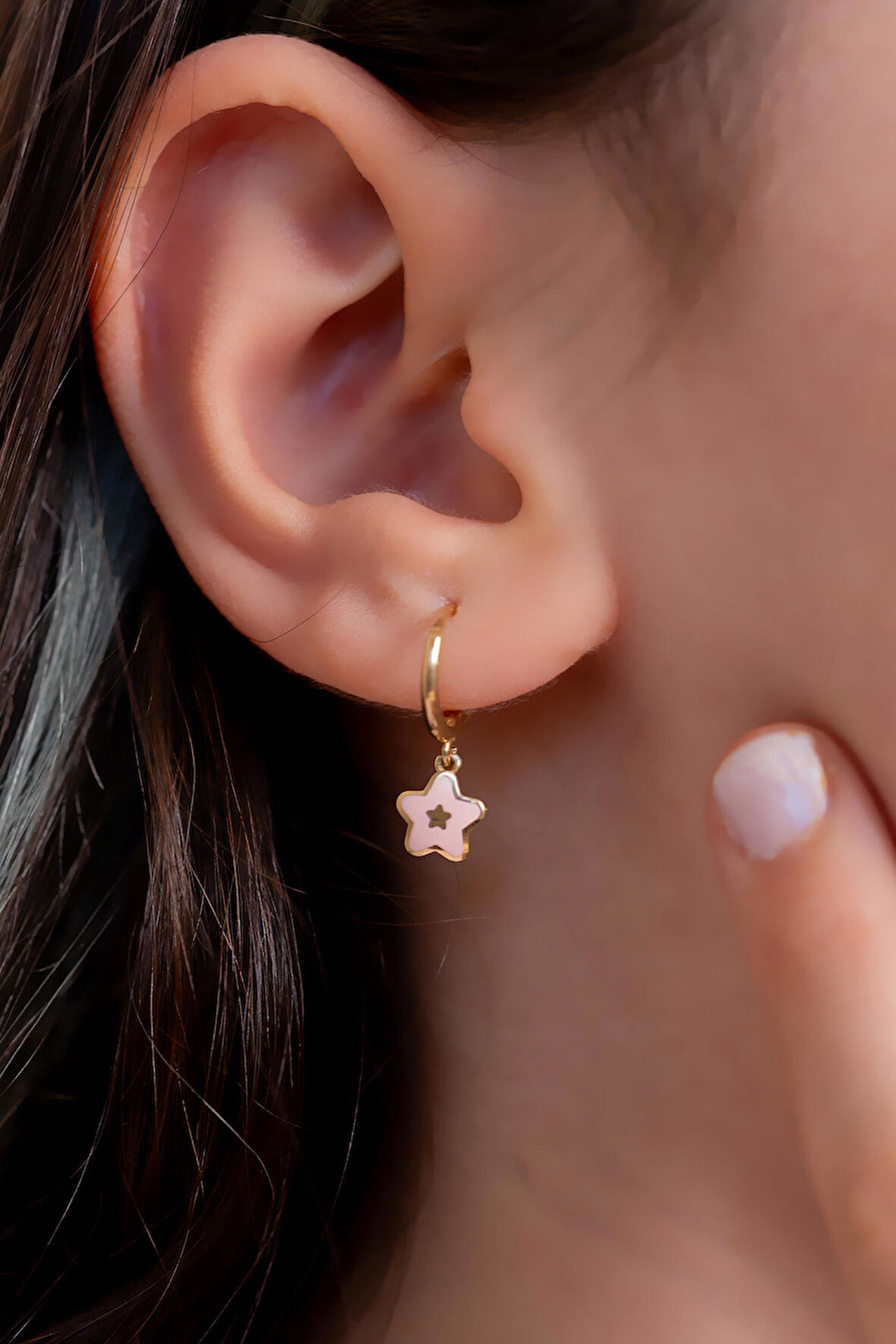 14 Ayar Altın Pembe Mineli Yıldız Çocuk Küpesi