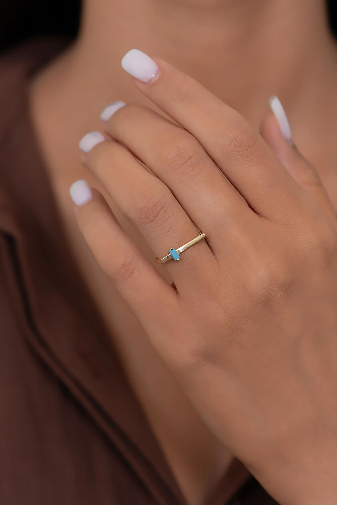 14 Ayar Altın Turkuaz Baget Taşlı Düz Yüzük