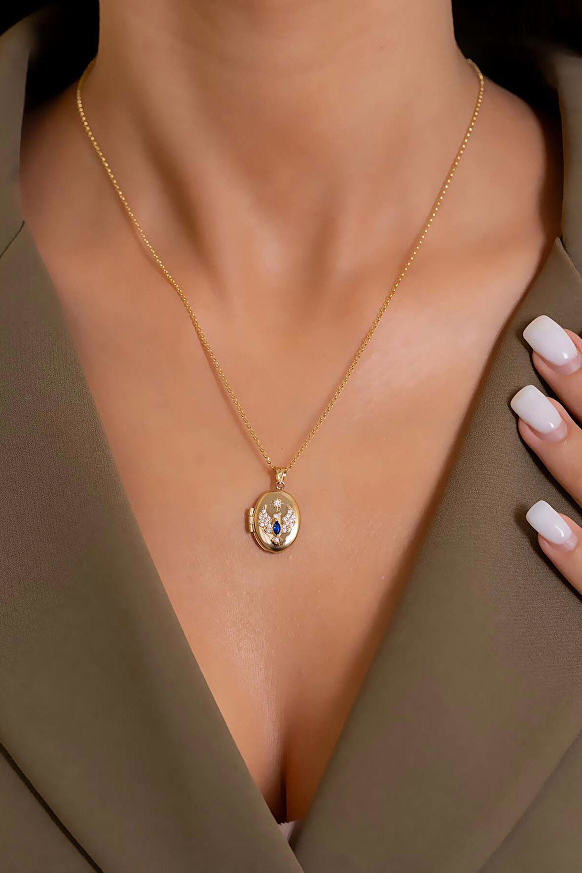 14 Ayar Altın Mavi Taşlı Anka Kolye