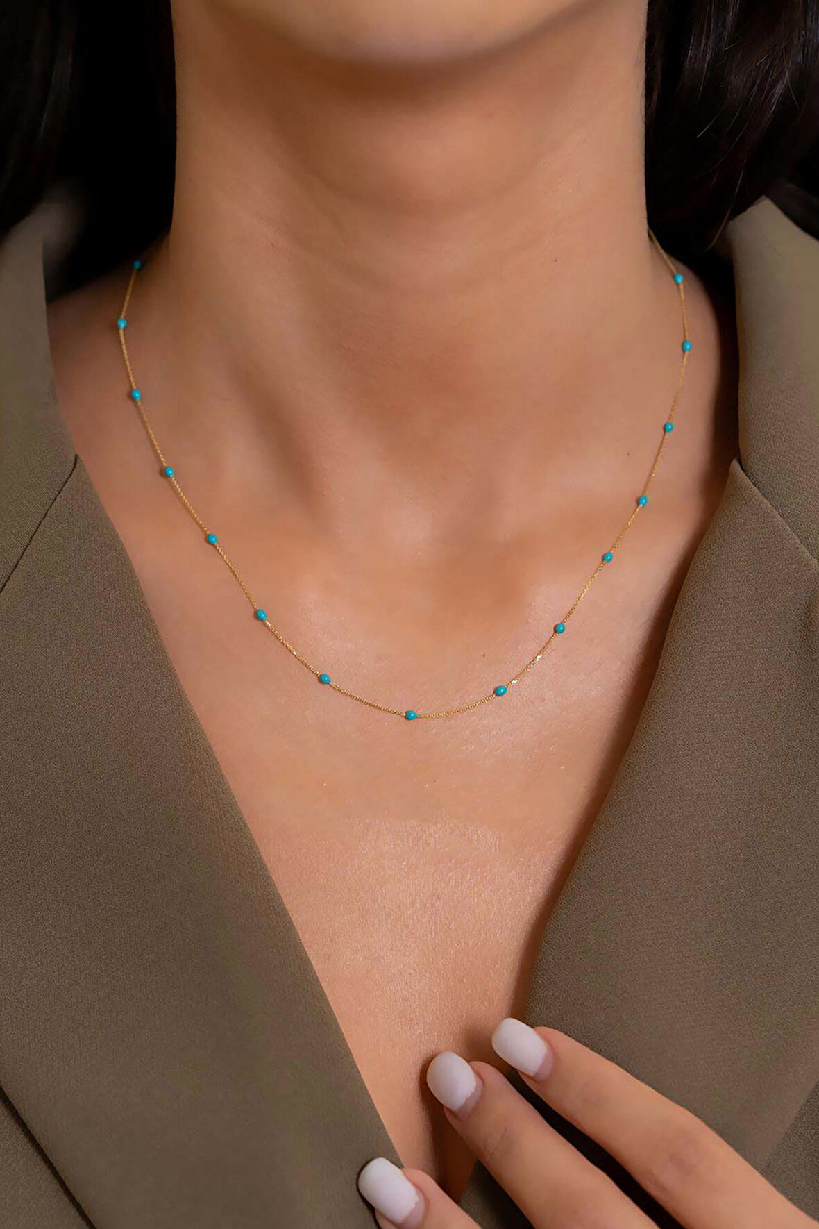 14 Ayar Altın Forse Zincir Turkuaz Mineli Kolye