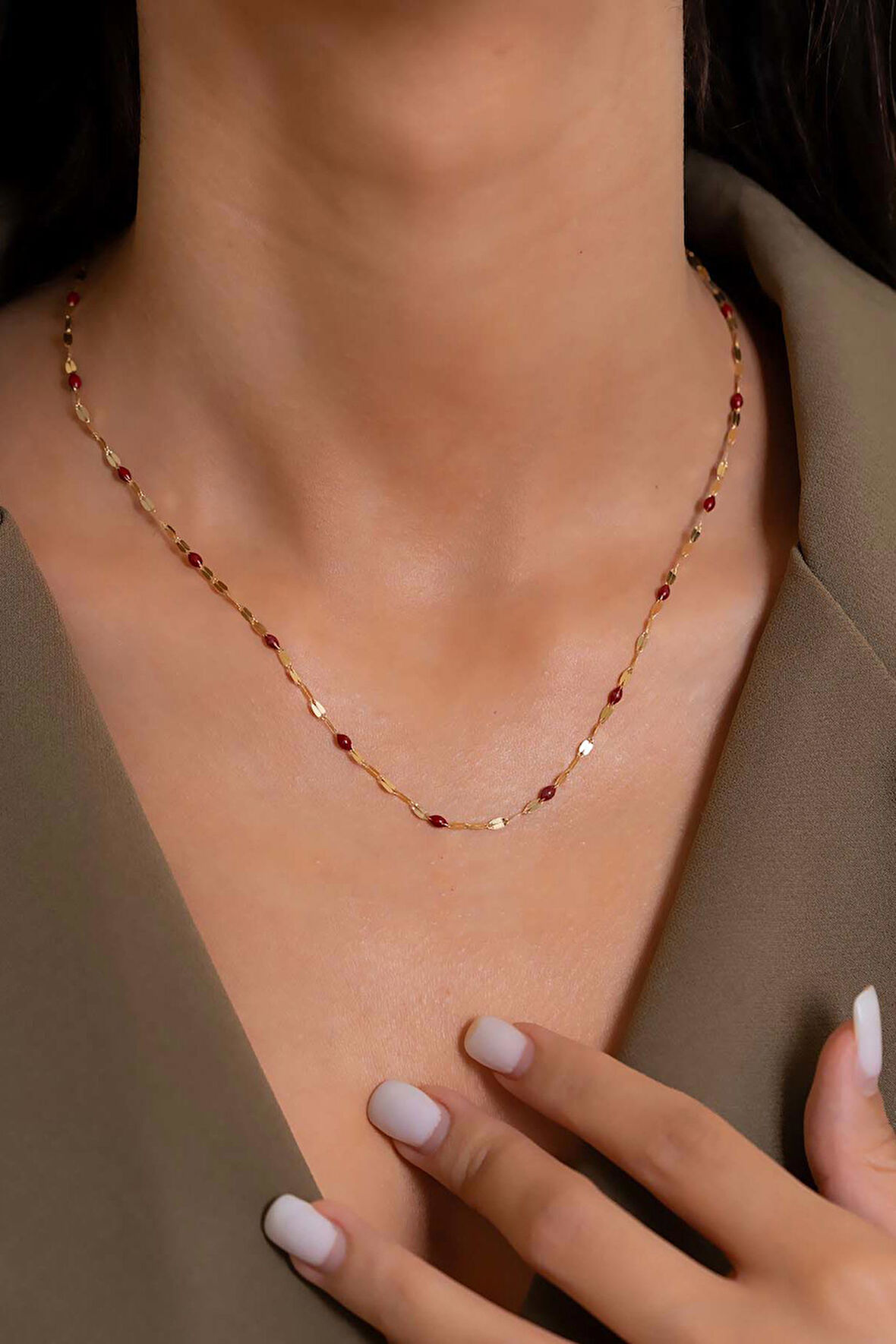 14 Ayar Altın Aynalı Kırmızı Mineli Kolye