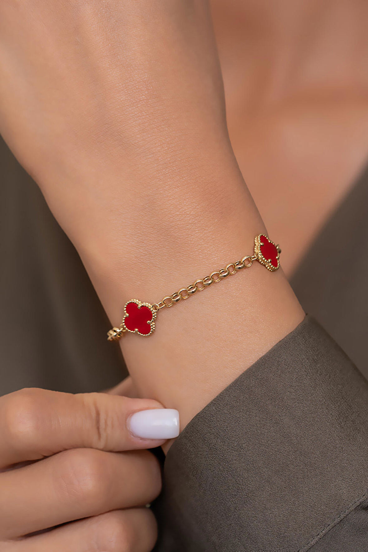 14 Ayar Altın Kırmızı Yonca Bileklik