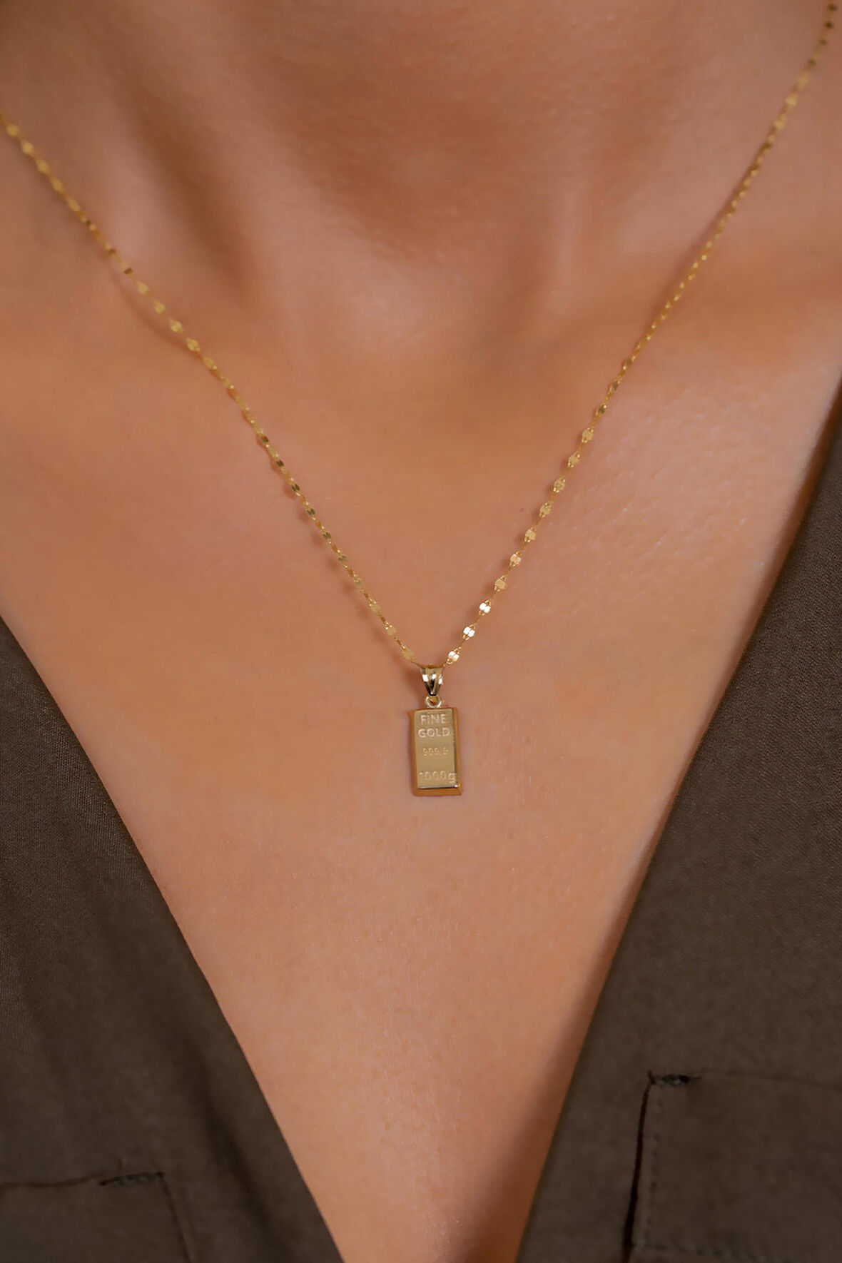 14 Ayar Altın Külçe Tasarımlı Kolye