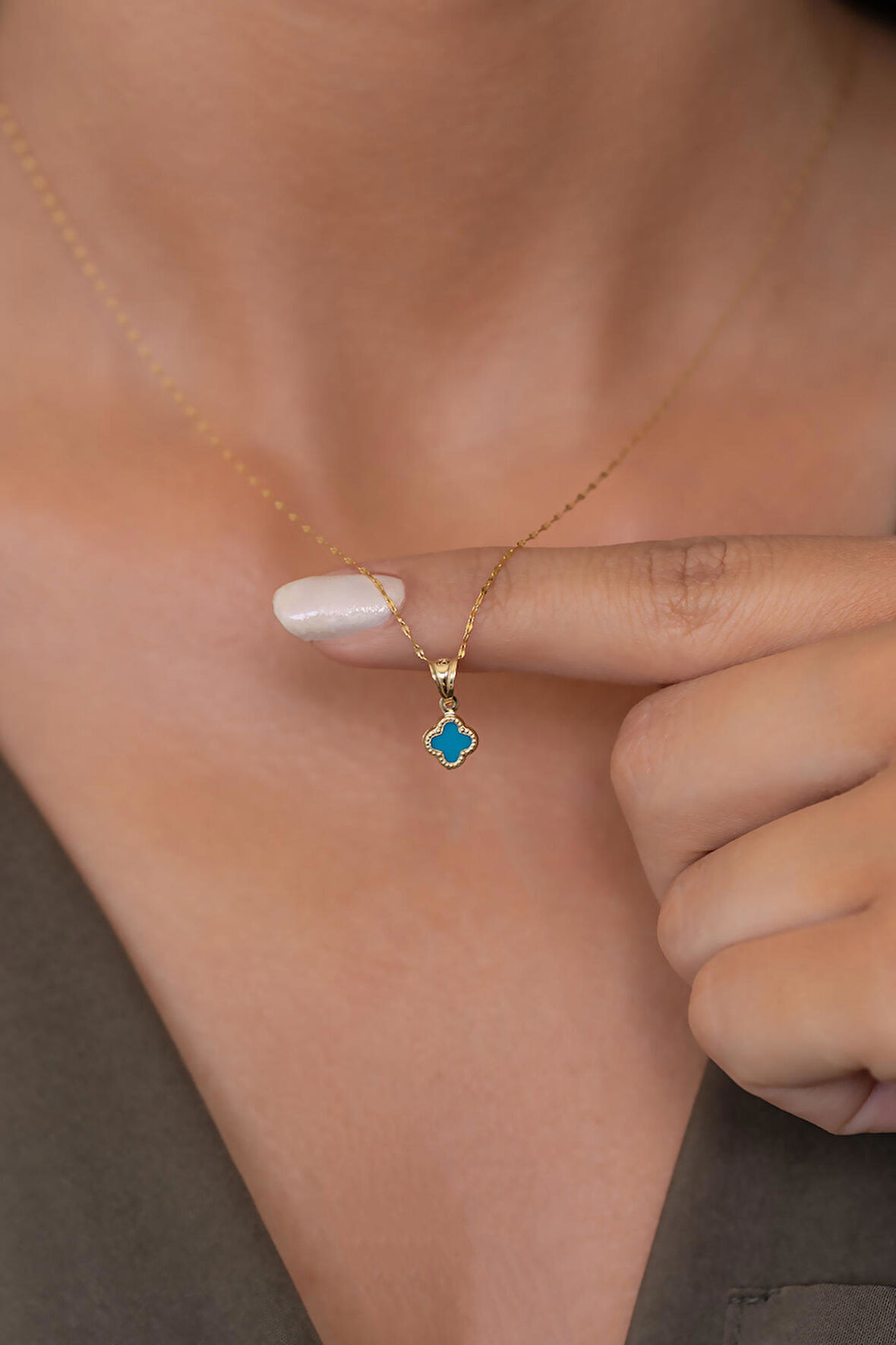 14 Ayar Altın Turkuaz Yonca Kolye