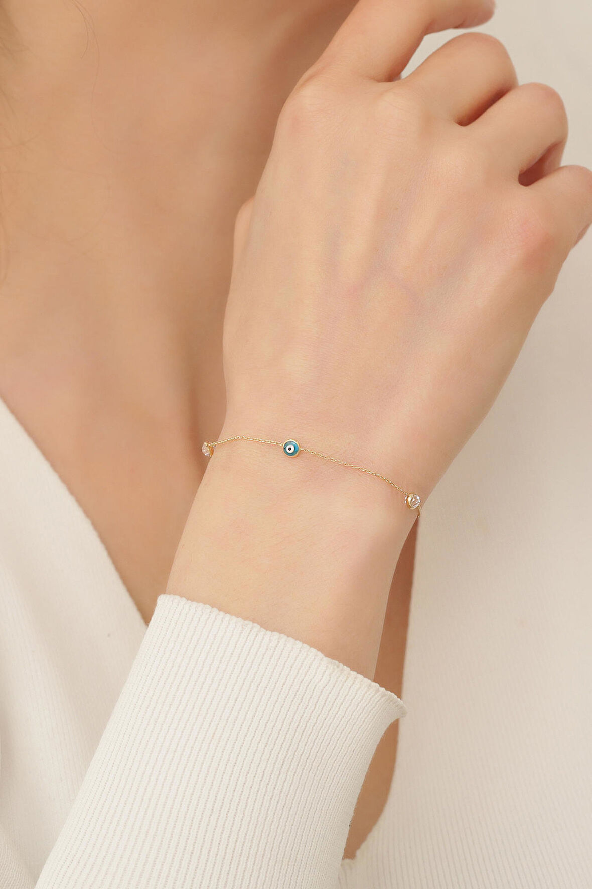 14 Ayar Altın Üç Mavi Nazar Gözlü Bileklik