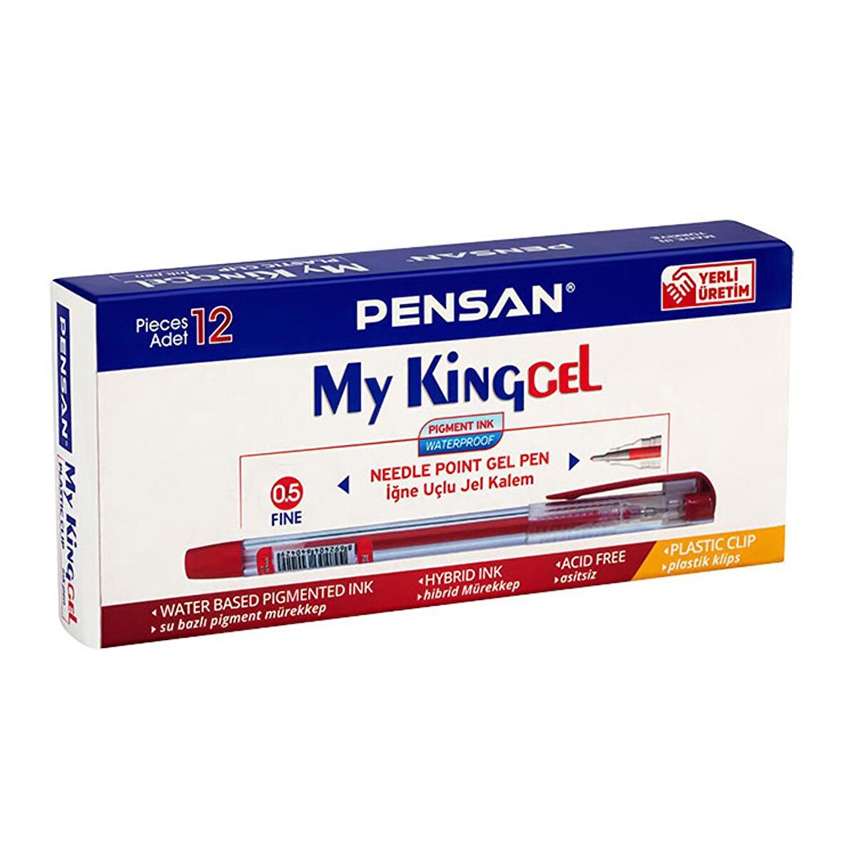 Pensan My King Gel 0.5 İğne Uç Metal Klips Kalem 6405 12 li Paket-KIRMIZI