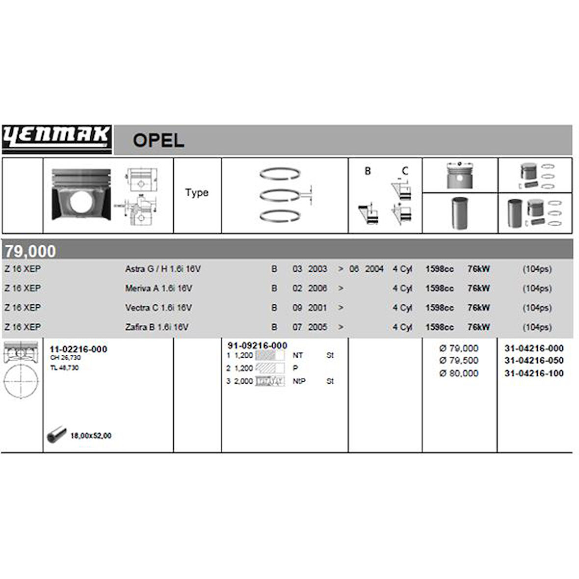 Opel Motor Piston Segman Komple 0,50 (79.50mm) Astra G – Astra H – Vectra C – Zafıra B – Meriva A – Z16xe - Yenmak 31-04216-050