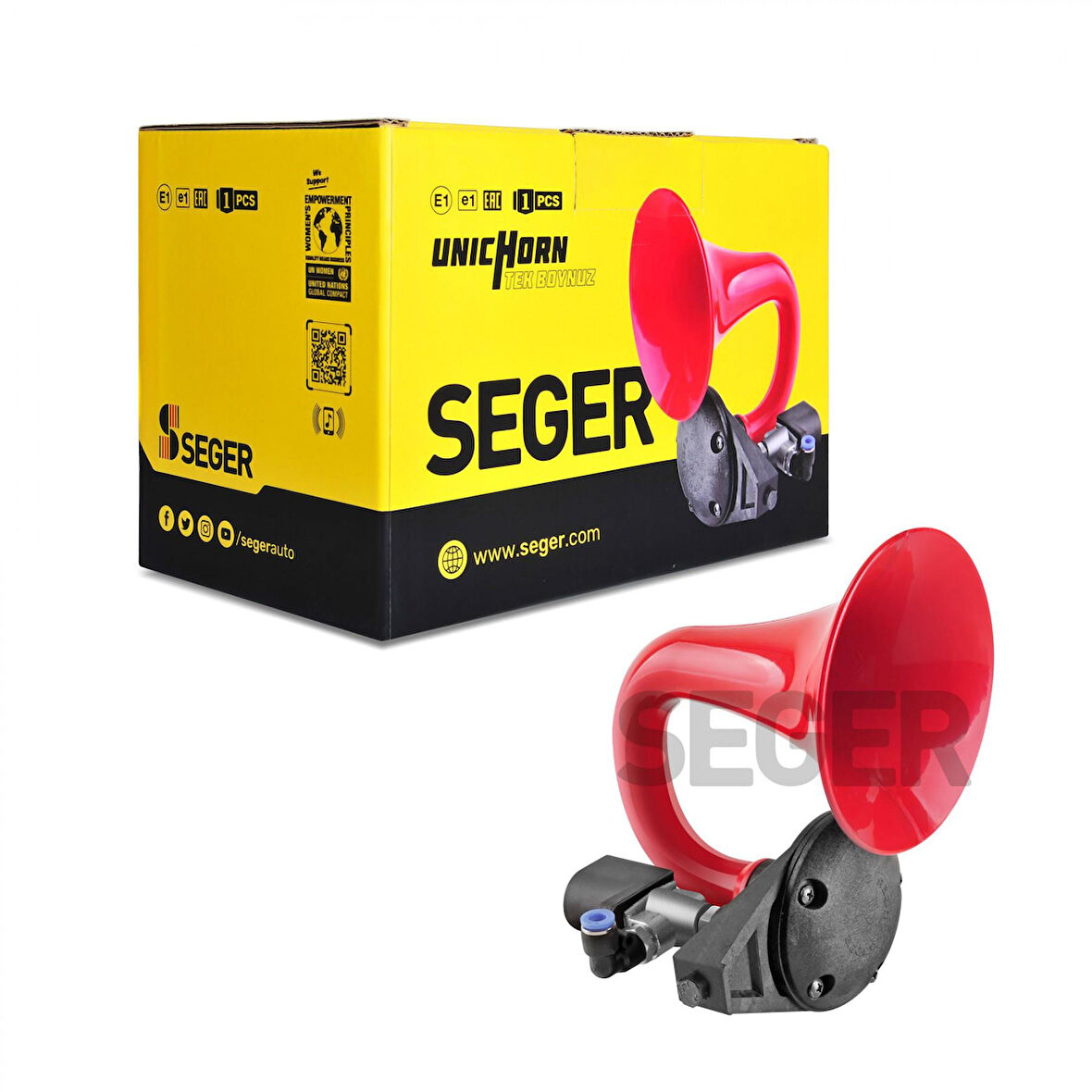 SEGER 80JH Tek Boynuz Havalı Korna 24V (Unıchorn), Kırmızı Plastik Borulu