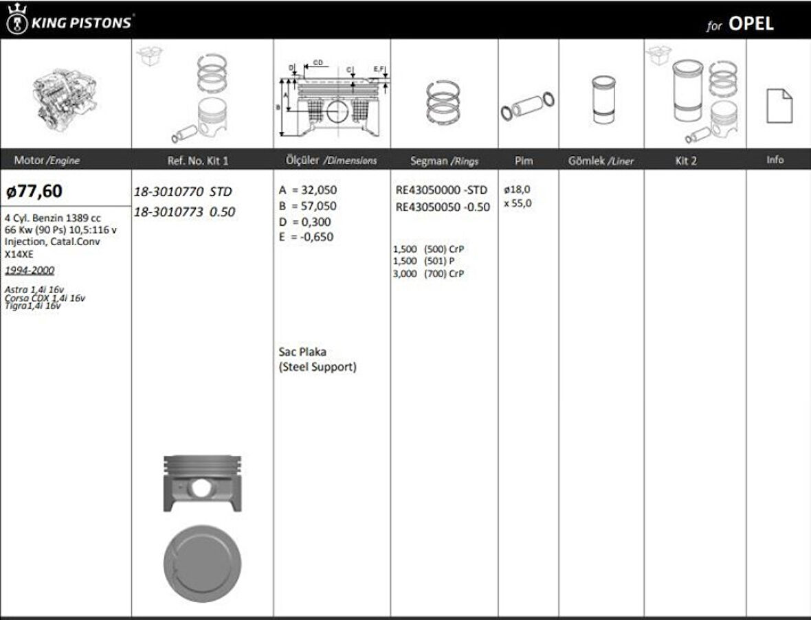 Opel Motor Piston+segmanı ( Riken )  77,60+0,50mm Cap Astra 1,4i 16v Corsa CDX 1,4i 16v Tigra1,4ı 16v X14 - Kingpiston 18-3010773